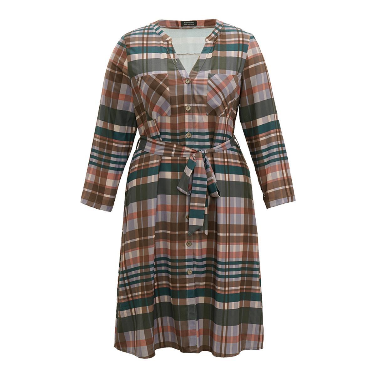 Plus Size Plaid Button Through Patched Pocket Dress Black Women Casual Belted Notched collar Long Sleeve Curvy Midi Dress BloomChic 22-24/3X Product Image