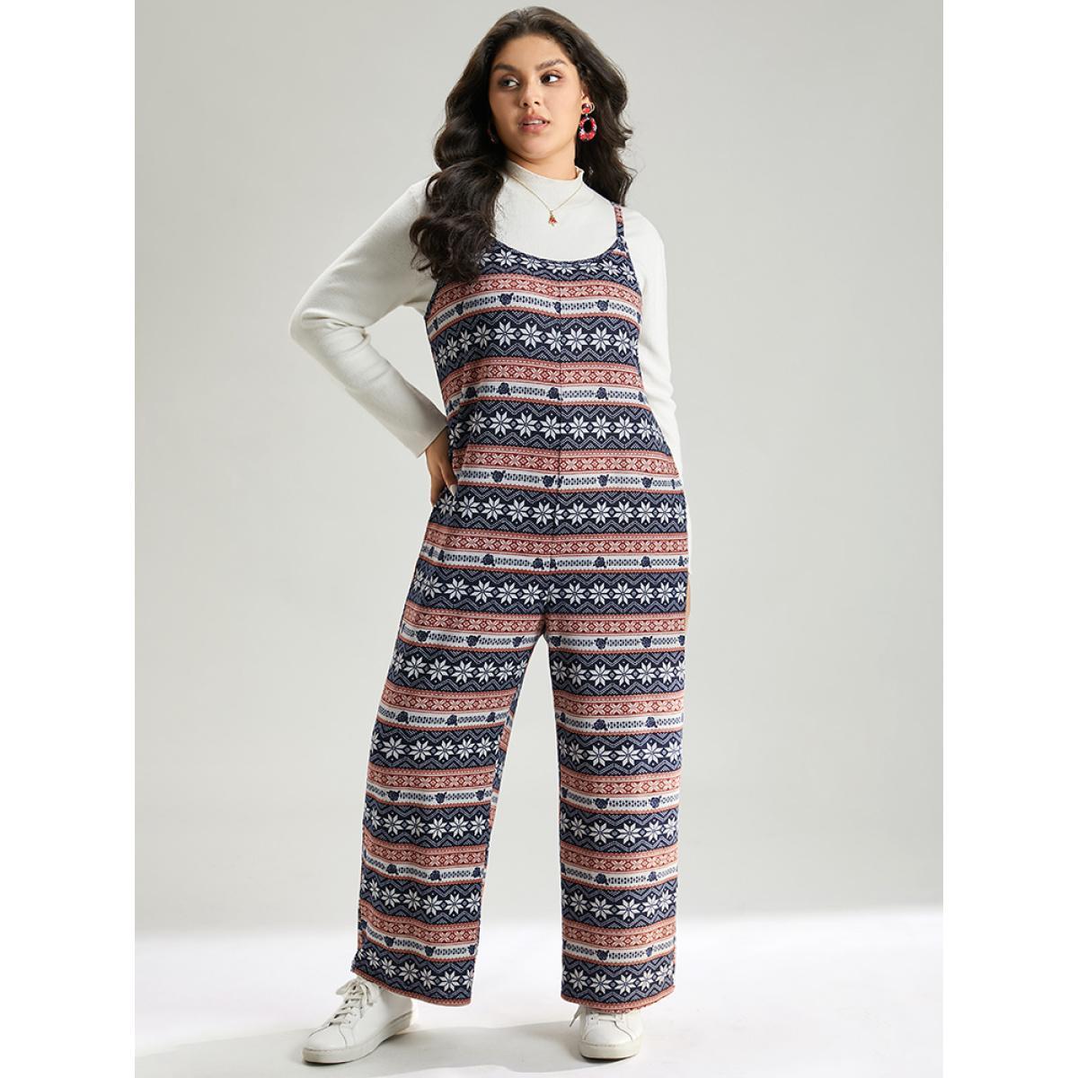 Plus Size DarkBlue Snowflake Graphic Pocket Overall Cami Jumpsuit Women Elegant Sleeveless Spaghetti Strap Dailywear Loose Jumpsuits BloomChic 12/L Product Image