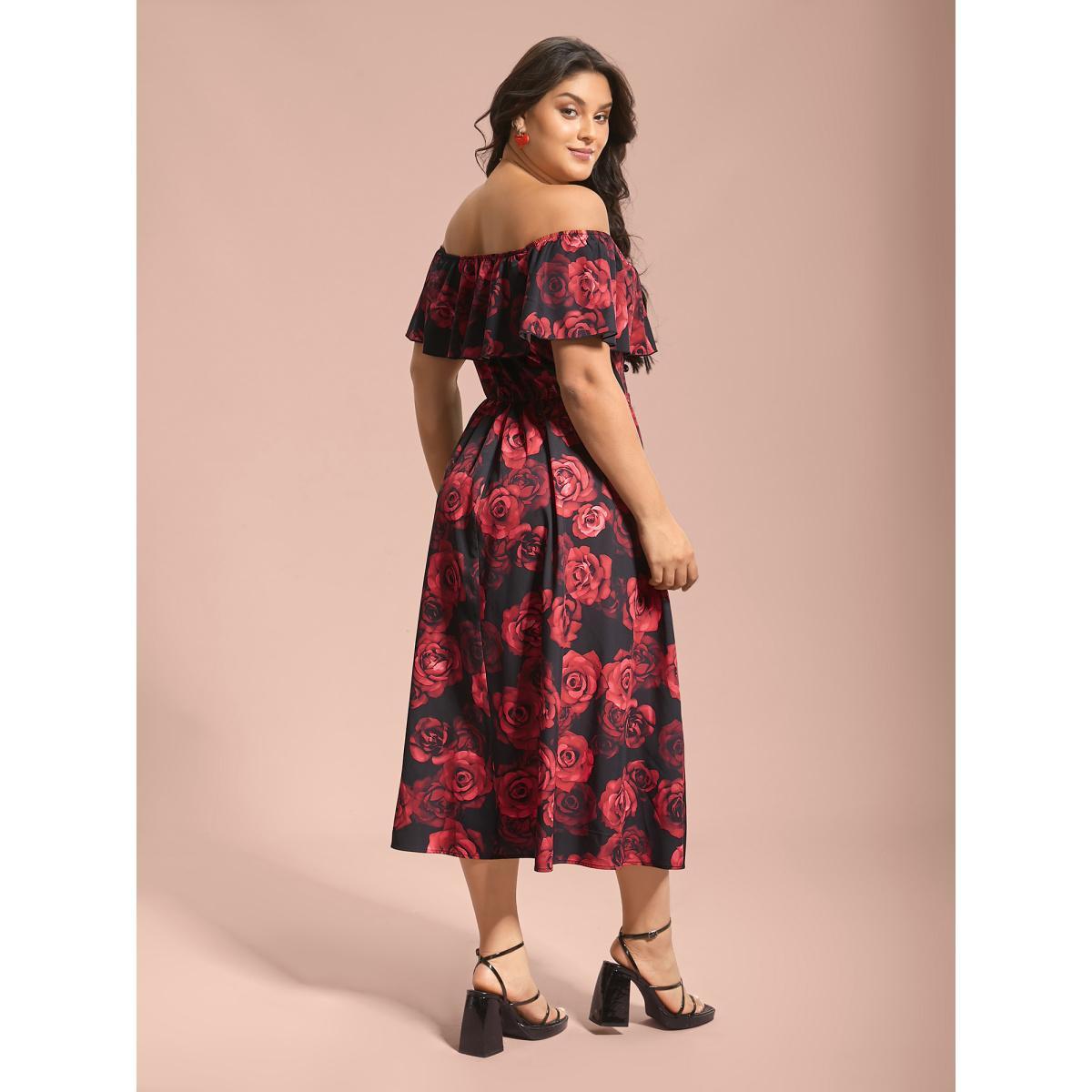 Plus Size Off-Shoulder Rose Pattern Ruffled Dress BlackFlower Women Elegant Ruffles One-shoulder neck Short sleeve Curvy BloomChic 18-20/2X Product Image