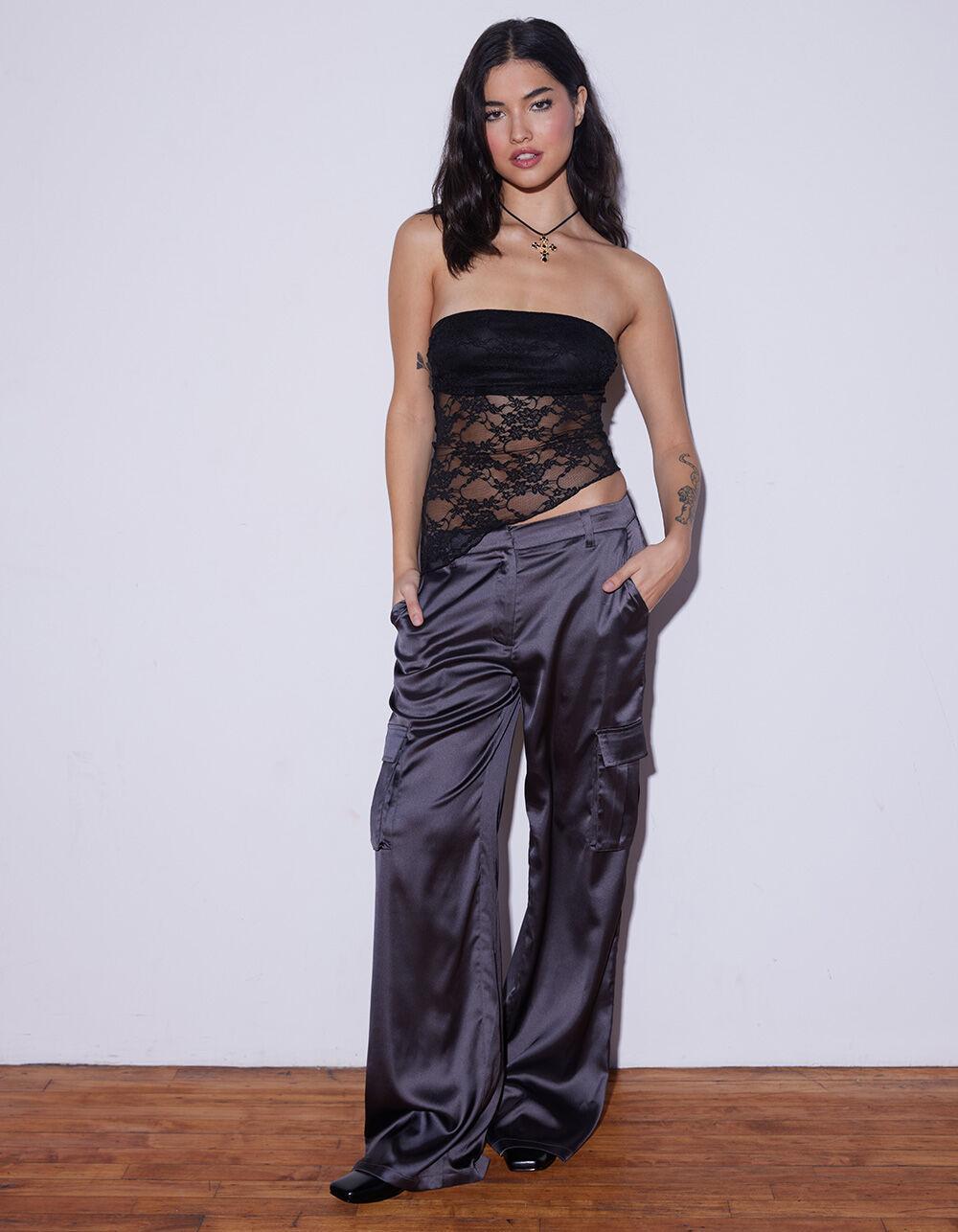 WEST OF MELROSE Womens Satin Cargo Pants - CHARCOAL Product Image