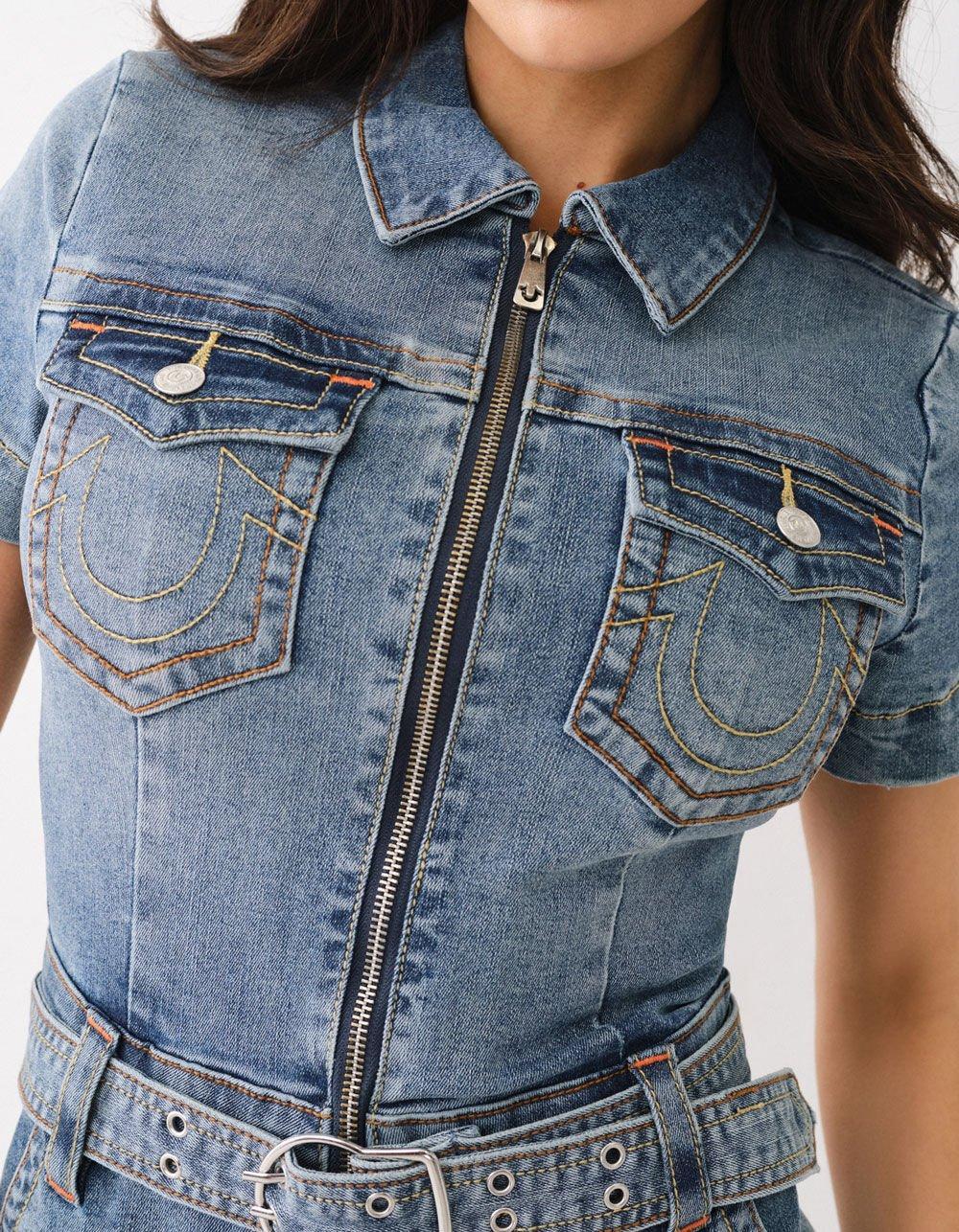 TRUE RELIGION Womens Belted Denim Zip Romper - MEDIUM WASH Product Image