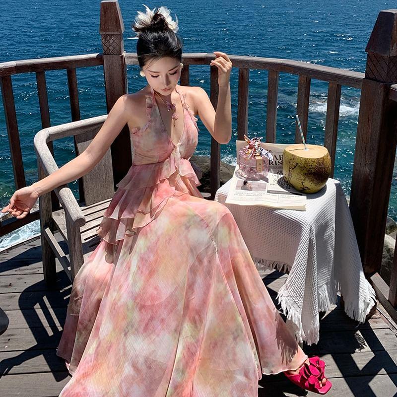 Halter-Neck Floral Print Asymmetrical Ruffled Maxi Sundress Product Image