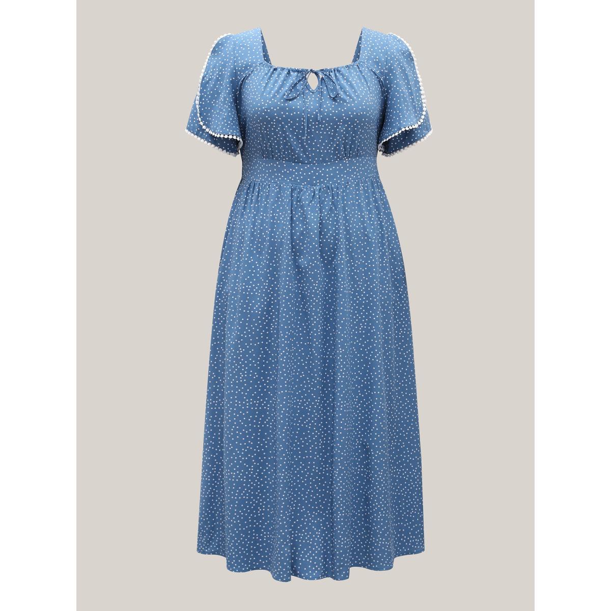 Plus Size Polka Dots Layer Sleeves Keyhole Maxi Dress Stone Women Square Neck Short sleeve Curvy BloomChic 14-16/1X Product Image