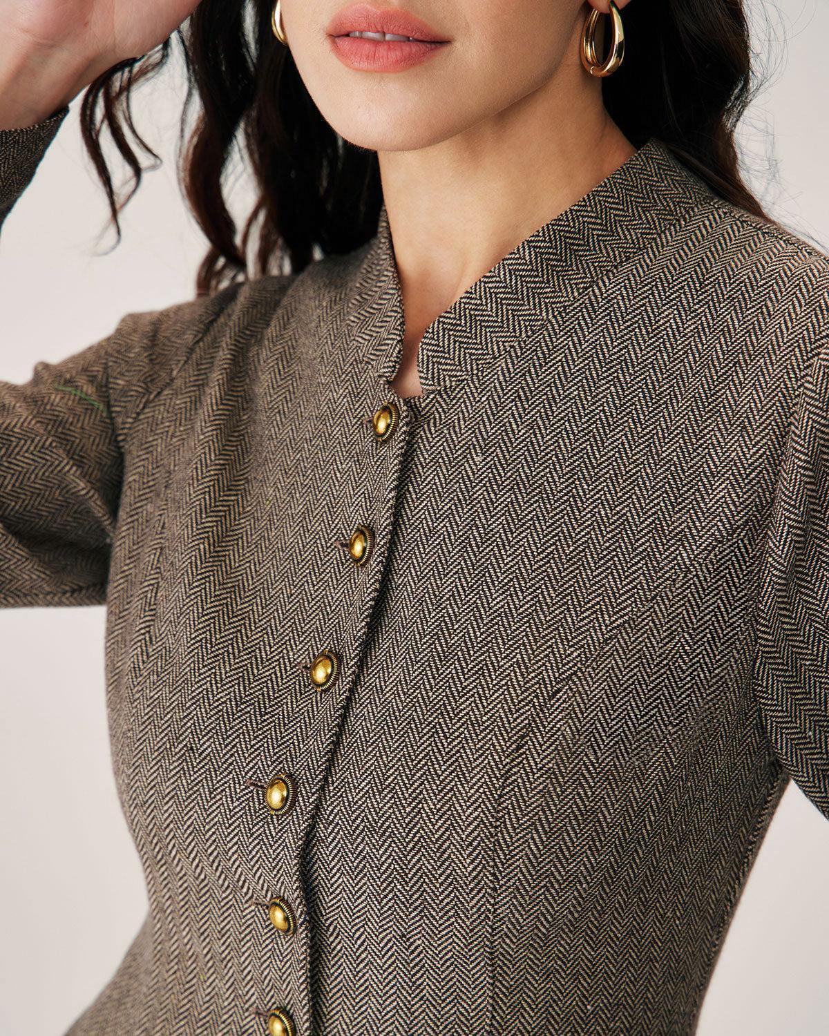 Brown Button Pleated Mini Dress Product Image