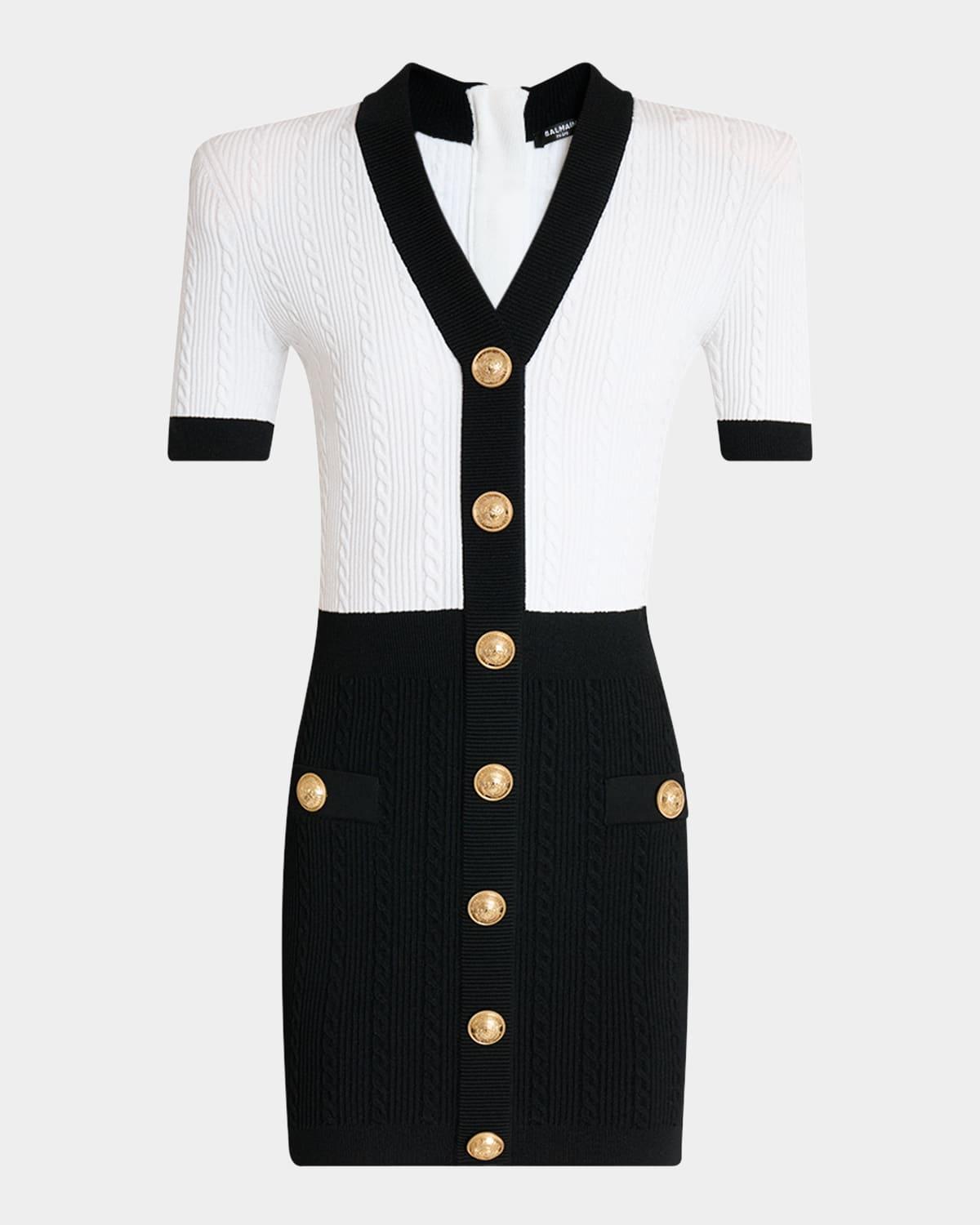BALMAIN V-neck Buttoned Strong-shoulder Torsade Knit Mini Dress In White Product Image