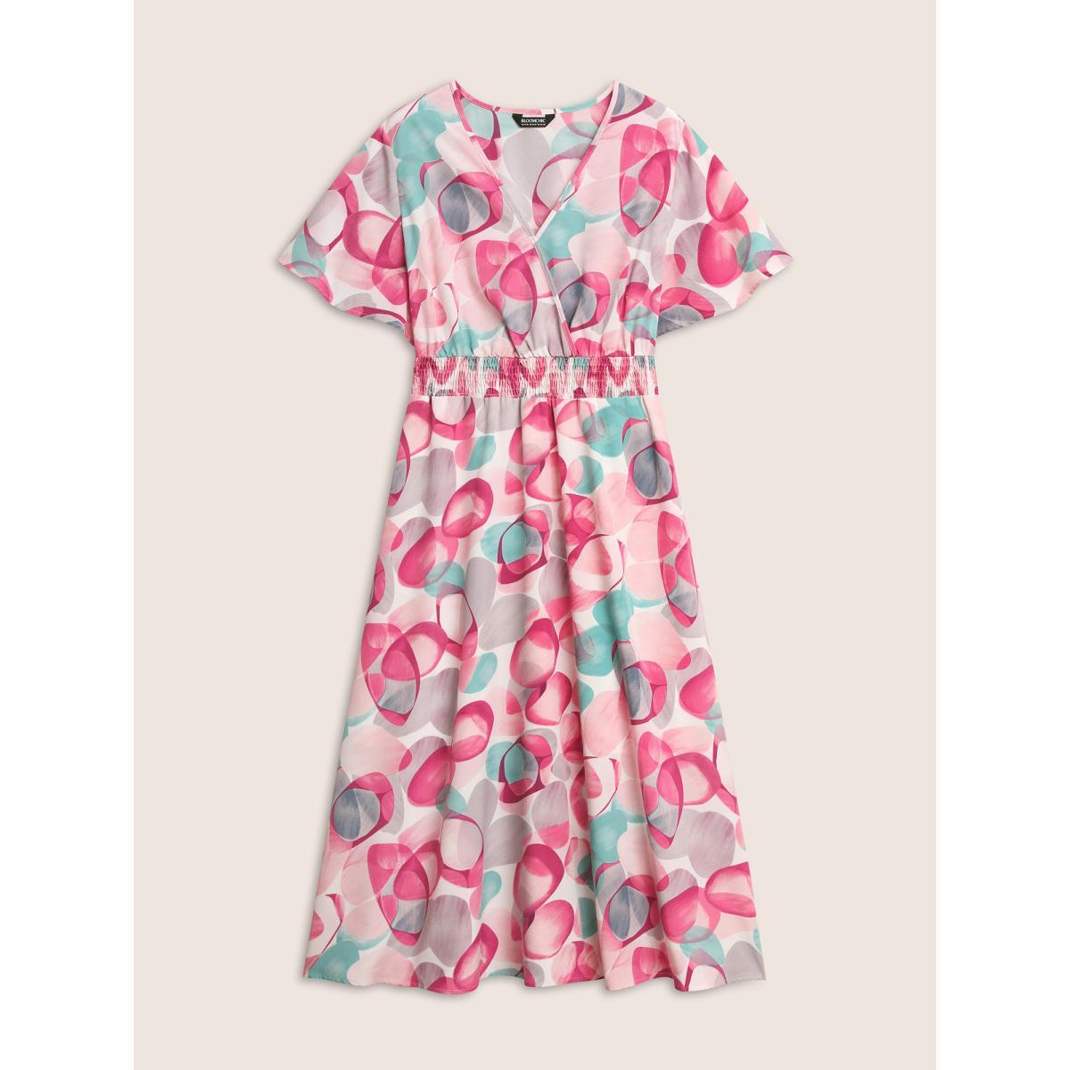 Plus Size Asymmetrical Colorblock Overlap Collar Midi Dress Multicolor Women Elegant Shirred Overlap Collar Short sleeve Curvy BloomChic 22-24/3X Product Image