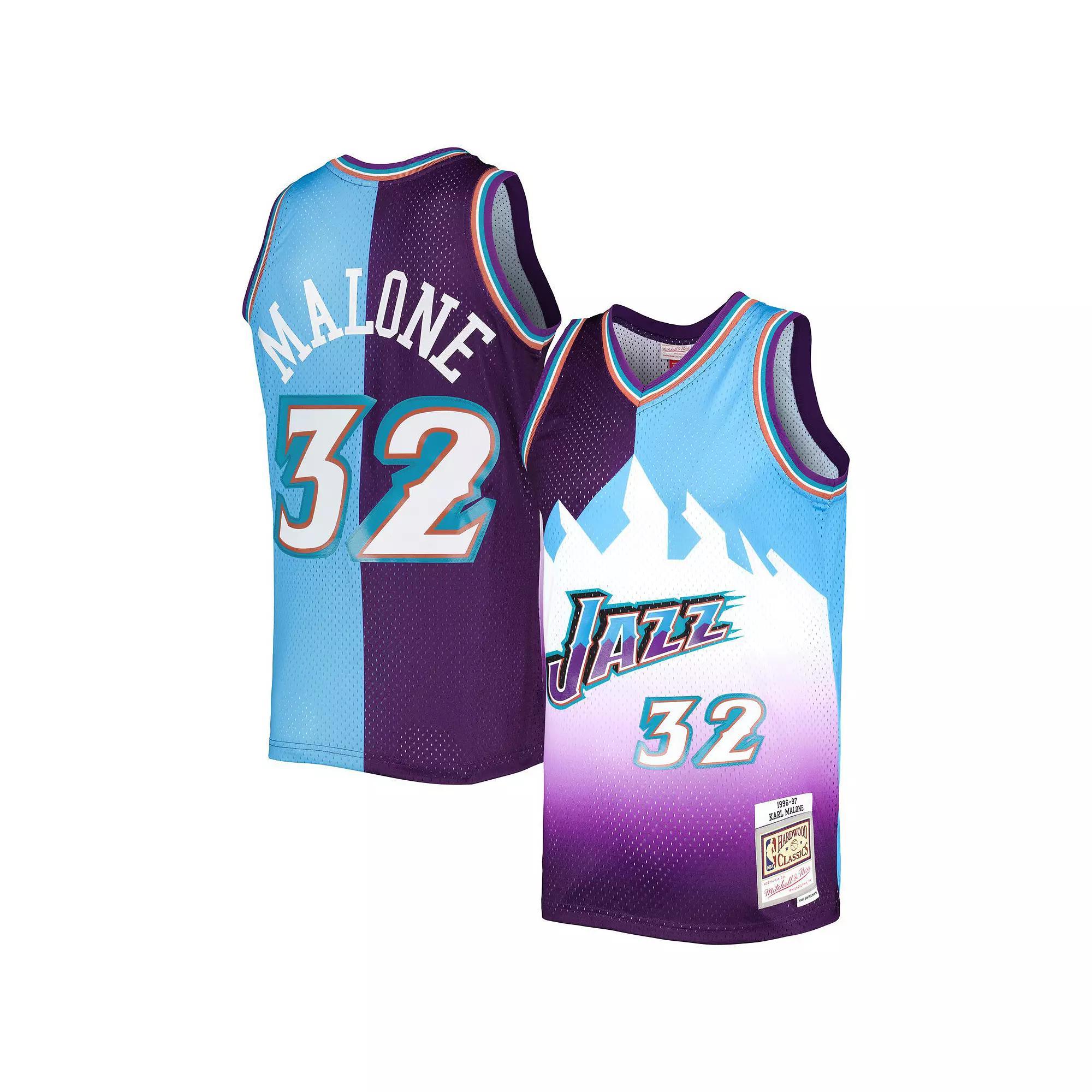 Men's Mitchell & Ness Karl Malone Purple/Turquoise Utah Jazz Hardwood Classics 1996-97 Split Swingman Jersey, Size: Large, Jaz Purple Product Image