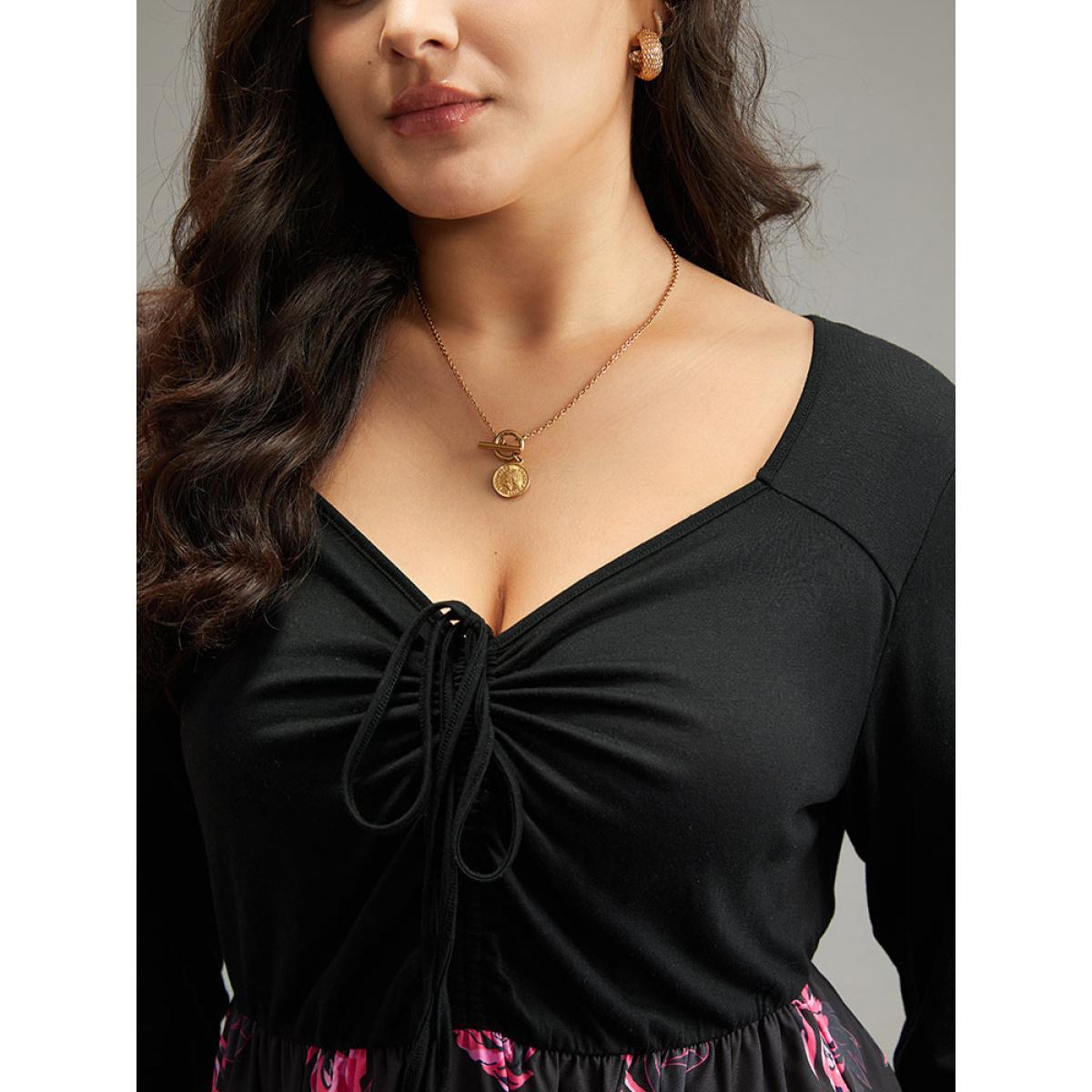 Plus Size Floral Patchwork Gathered Drawstring Dress Black Women Casual Gathered Tie Neck Long Sleeve Curvy Midi Dress BloomChic 14-16/1X Product Image