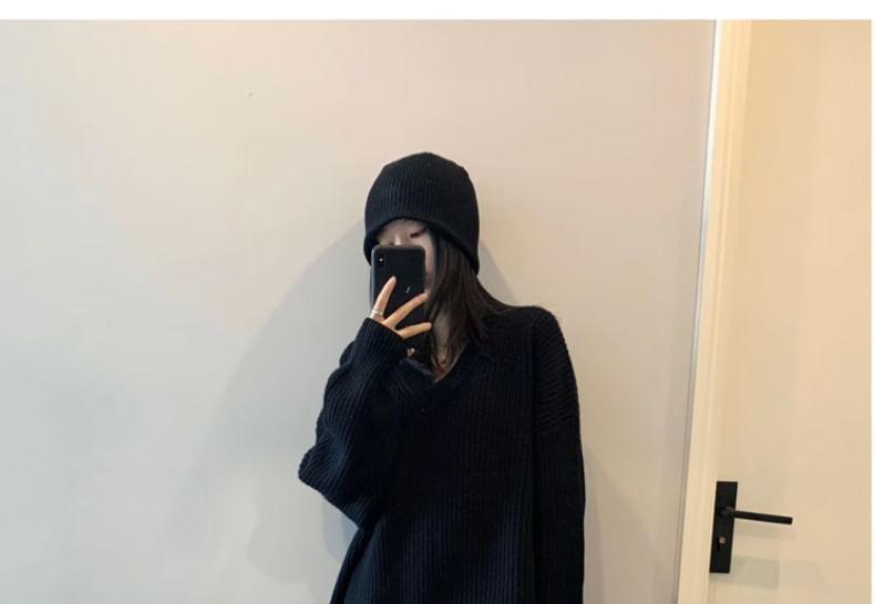 V-Neck Plain Loose-Fit Sweater Product Image