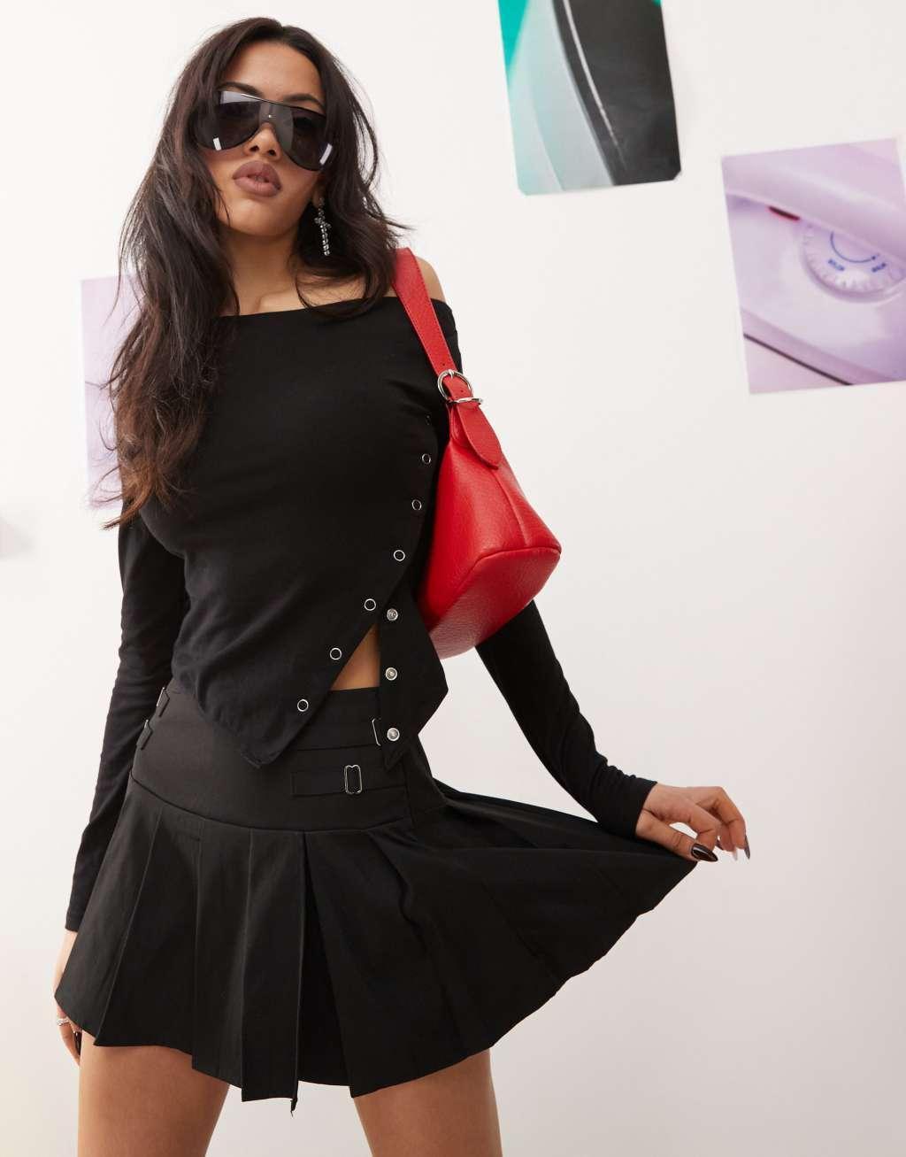 Princess Polly off shoulder asymmetric snap detail top in black Product Image