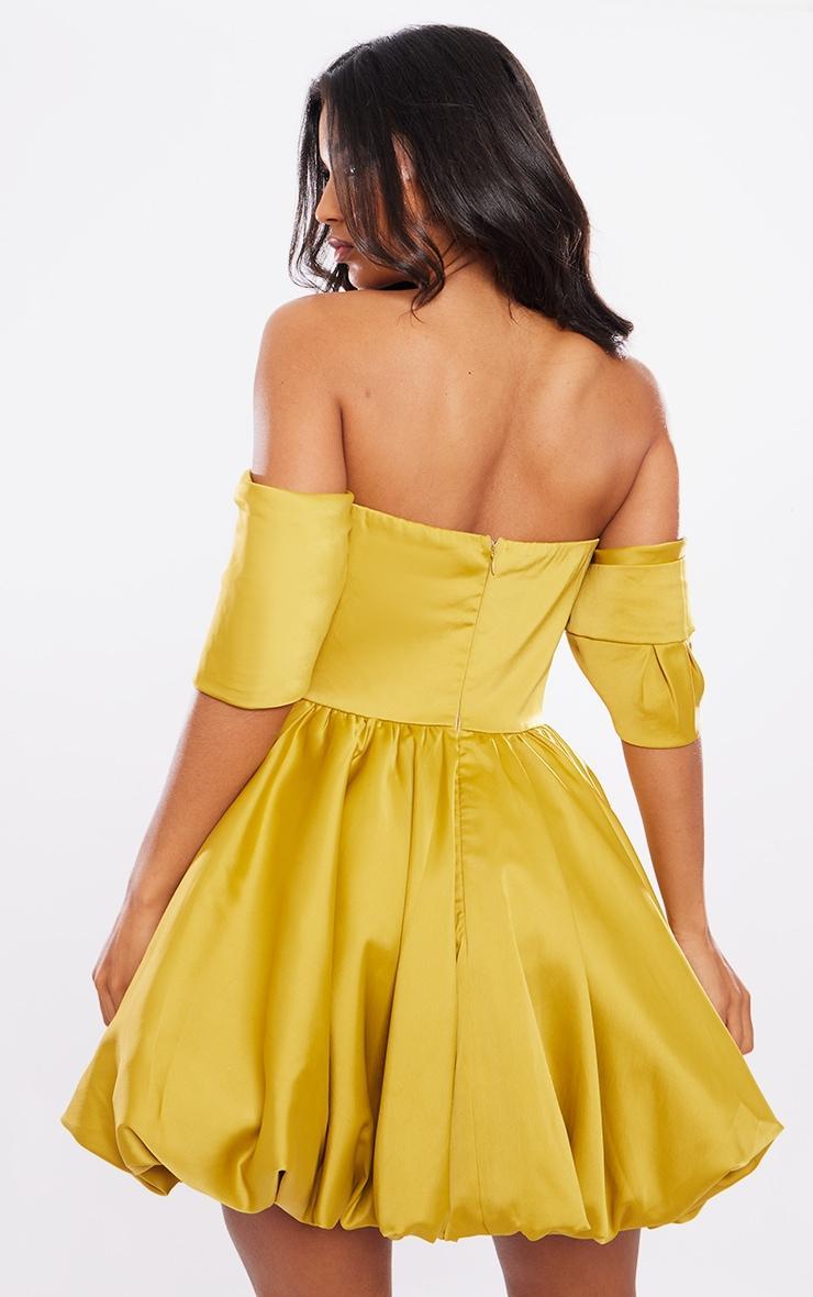 Chartreuse Satin V Bar Plunge Bardot Puff Ball Dress Product Image