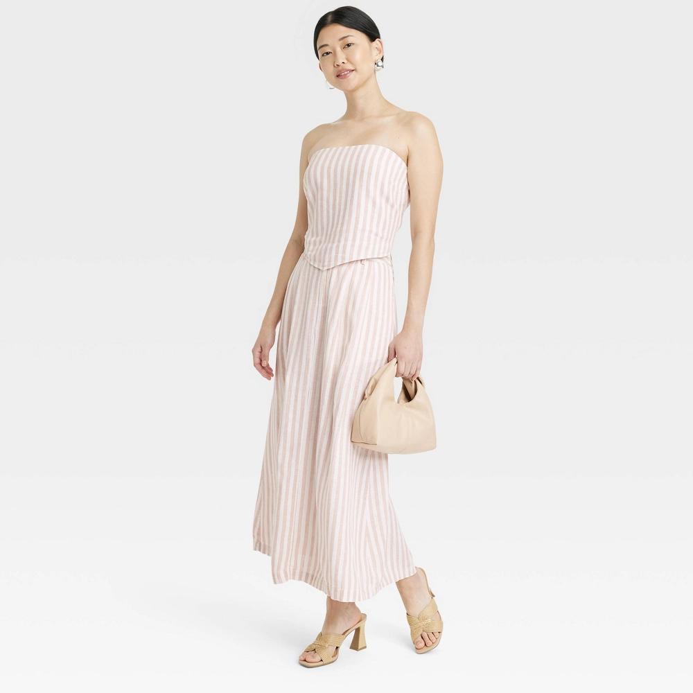 Women's Tie Back Tank Top - A New Day™ Pink/Cream Striped 1X: Linen Blend, Squareneck, Adjustable Straps Product Image