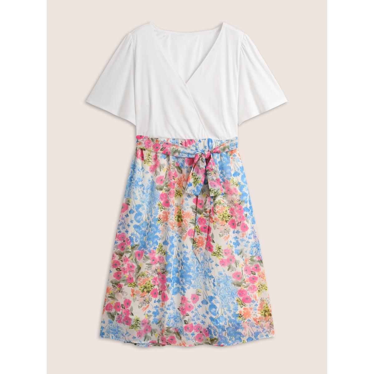 Plus Size Overlap Collar Patchwork Floral Midi Dress Ivory Women Elegant Belted Overlap Collar Short sleeve Curvy BloomChic 22-24/3X Product Image