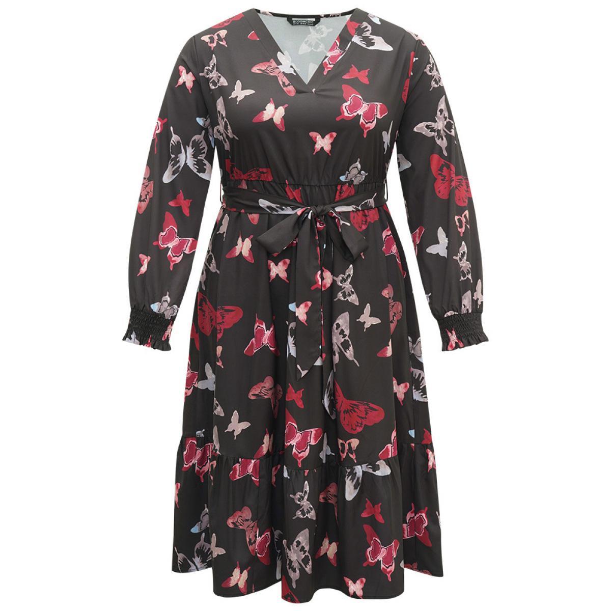 Plus Size Butterfly Print Shirred Belted Layered Dress Black Women Elegant Belted V-neck Long Sleeve Curvy Midi Dress BloomChic 28/5X Product Image