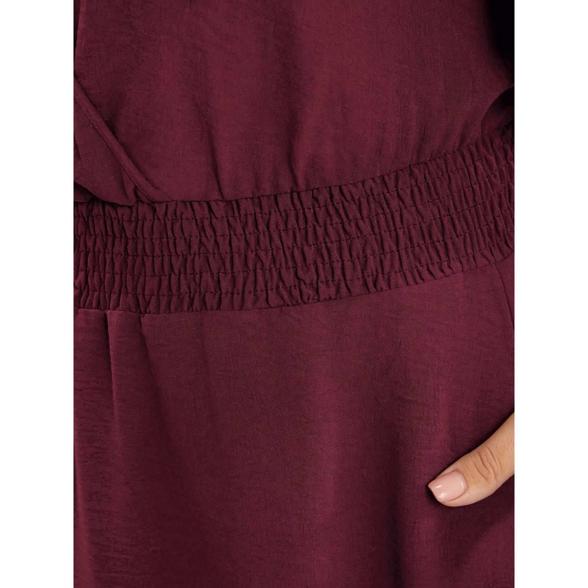Plus Size Solid Laser Cut Shirred Pocket Wrap Scalloped Trim Flutter Dress Burgundy Women Elegant Non V-neck Short sleeve Curvy Midi Dress BloomChic 14-16/1X Product Image