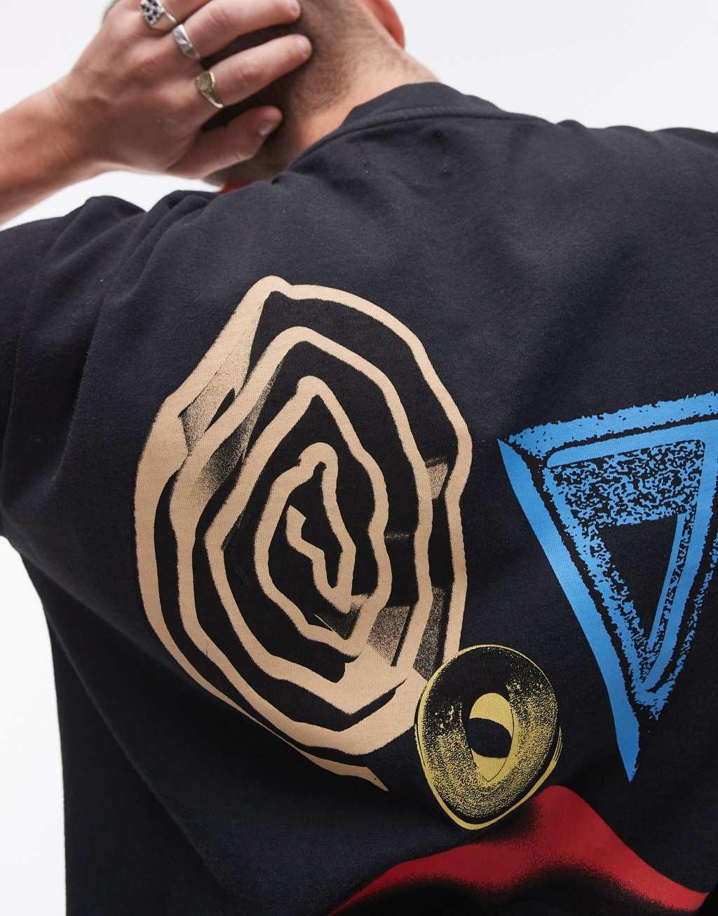 Topman oversized fit T-shirt with abstract face print in washed black Product Image