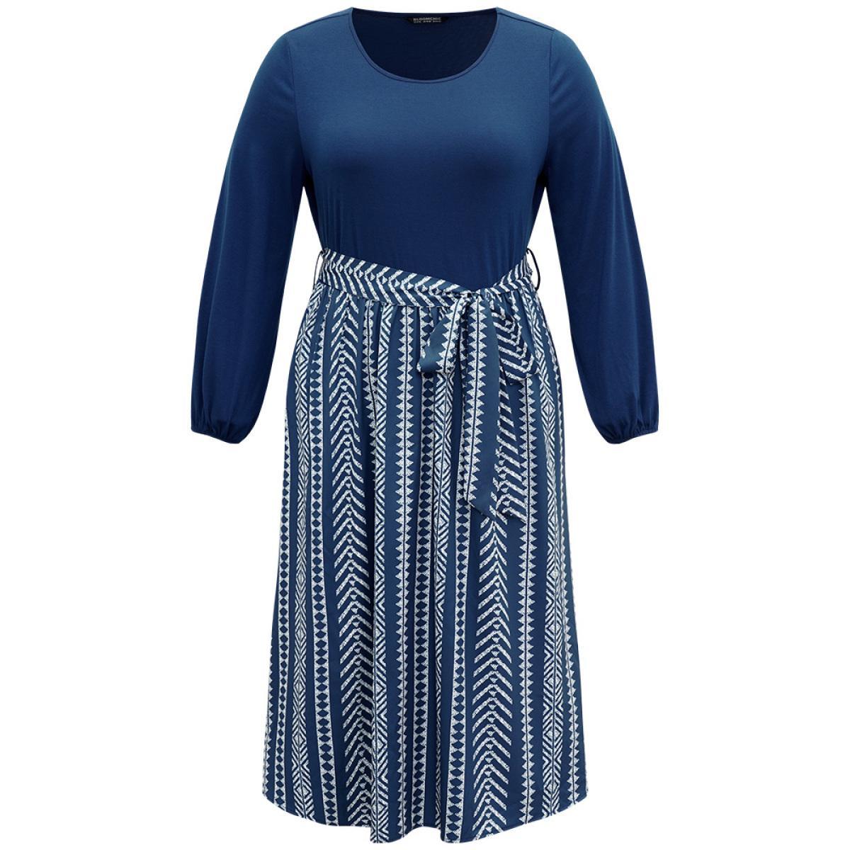 Plus Size Bandana Striped Patchwork Pocket Belted Dress Indigo Women Vacation Belted Round Neck Long Sleeve Curvy Midi Dress BloomChic 12/L Product Image