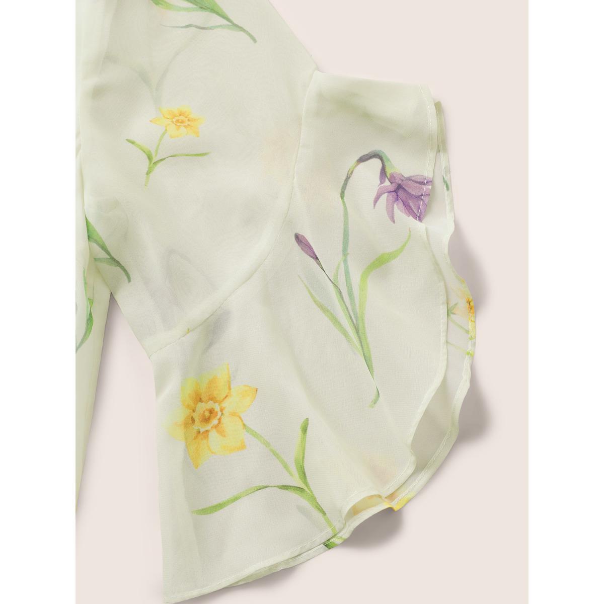 Plus Size Ivory Floral Tiered Mesh Asymmetrical Hem Blouse Women Elegant Everyday Blouses BloomChic 14-16/1X Product Image