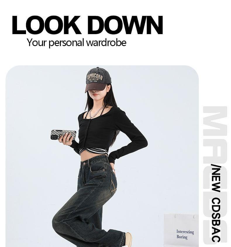 High Waist Washed Straight Leg Jeans Product Image
