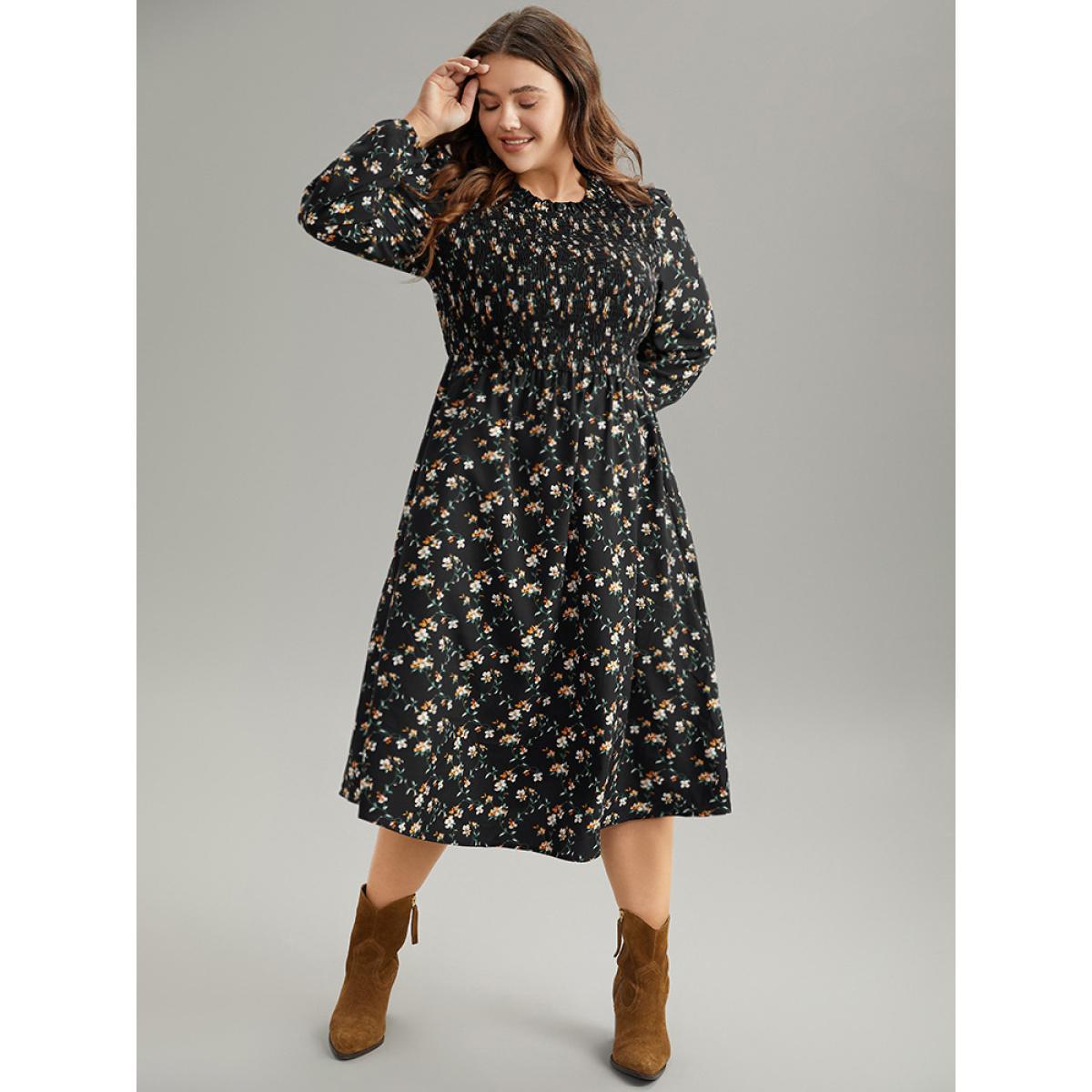 Plus Size Ditsy Floral Frill Trim Shirred Dress Black Women Elegant Elastic cuffs Mock Neck Long Sleeve Curvy Midi Dress BloomChic 26/4X Product Image