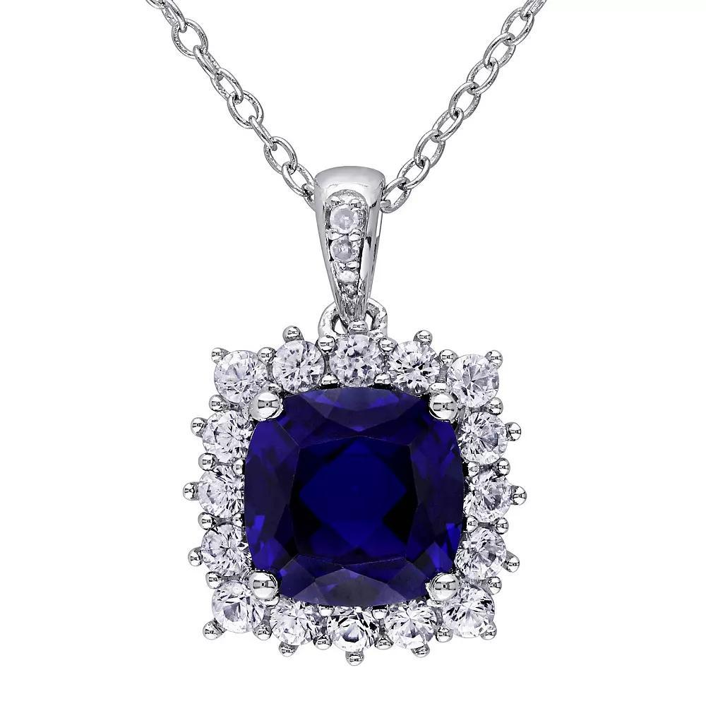 Stella Grace Sterling Silver Lab Created Blue Sapphire, Lab Created White Sapphire & Diamond Accent Halo Pendant Necklace, Women's, Size: 18" Product Image