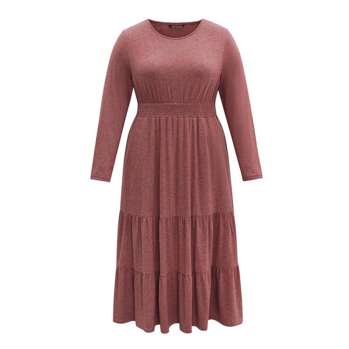 Plus Size Supersoft Essentials Tiered Ruffles Gathered Dress Scarlet Women Casual Gathered Round Neck Long Sleeve Curvy Midi Dress BloomChic 10/M Product Image