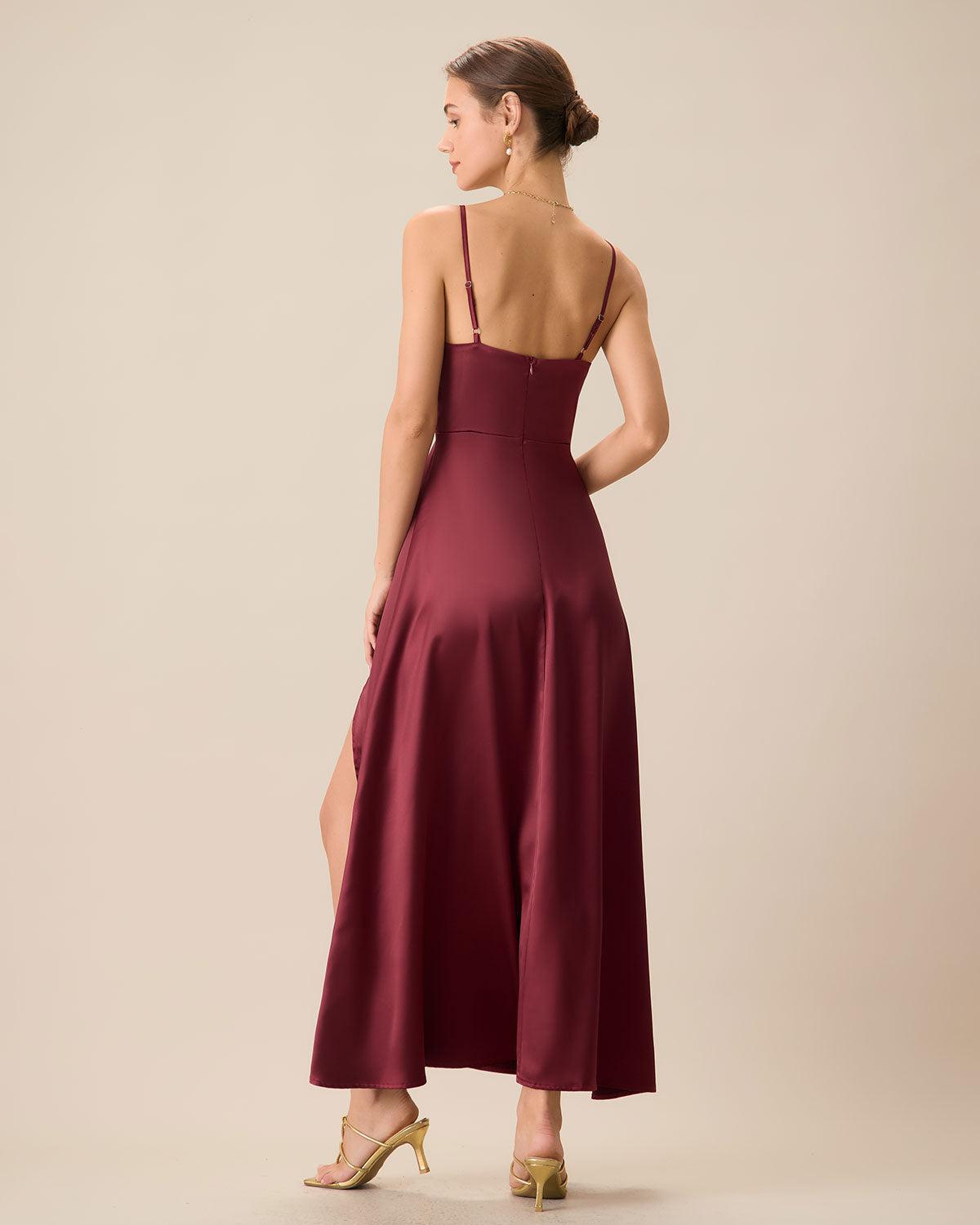 Red Satin Slit Maxi Dress Product Image