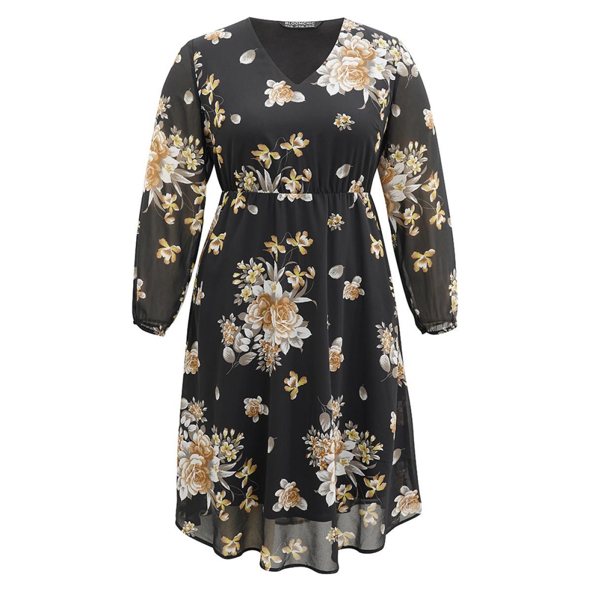 Plus Size Chiffon Floral Print Pocket Mesh Dress Black Women Elegant Elastic cuffs V-neck Long Sleeve Curvy Midi Dress BloomChic 18-20/2X Product Image