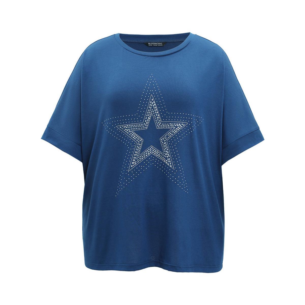 Plus Size Star Rhinestone Crew Neck Roll Batwing Sleeve T-shirt Indigo Women Casual Plain Star and moon Dailywear T-shirts BloomChic 10/M Product Image