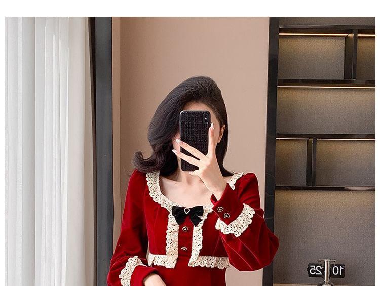 Long Sleeve Scoop Neck Lace Ruffle Trim Velvet Mini A-Line Dress Product Image
