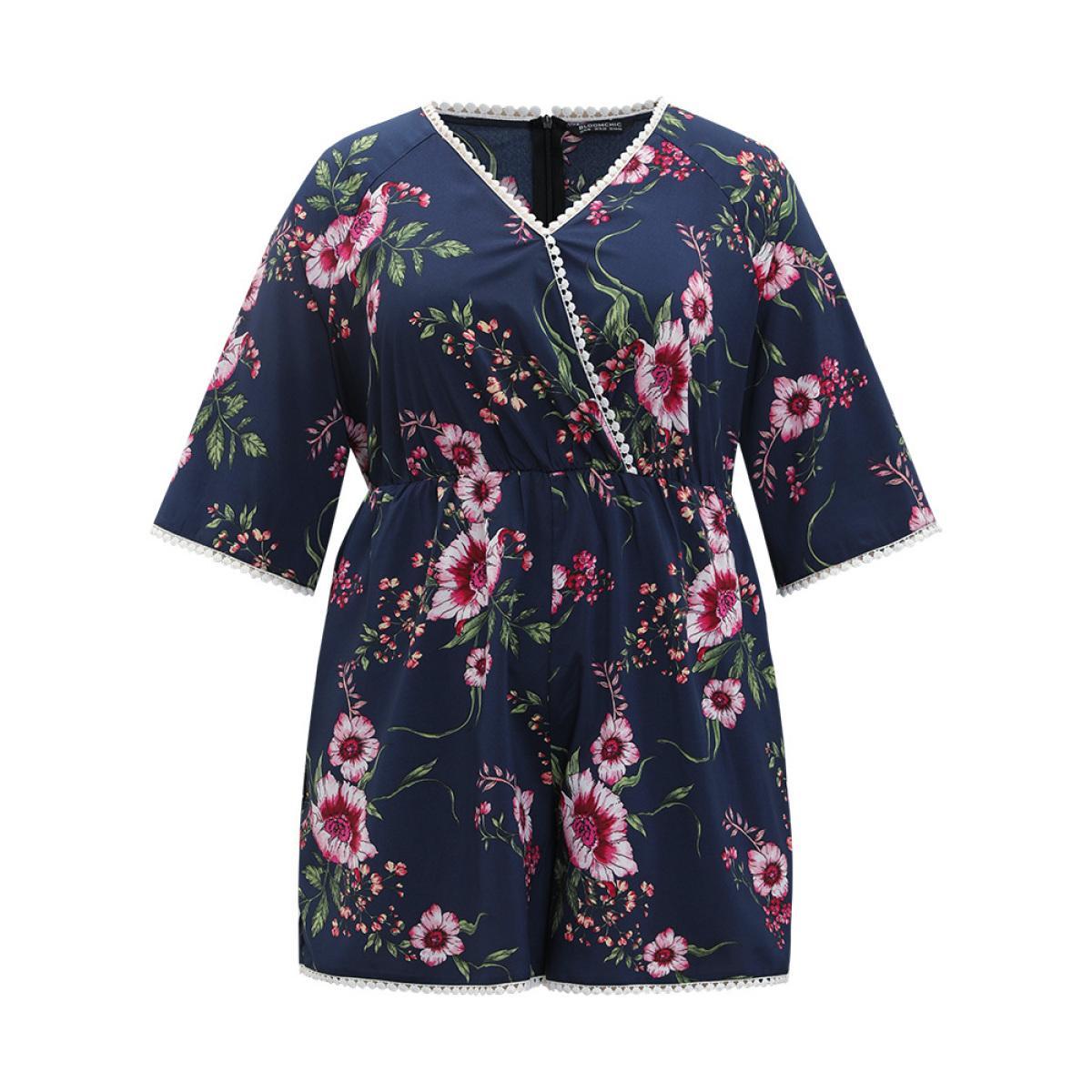 Plus Size DarkBlue Floral Print Overlap Collar Contrast Trim Pocket Jumpsuit Women Vacation Elbow-length sleeve V-neck Dailywear Loose Jumpsuits BloomChic 18-20/2X Product Image