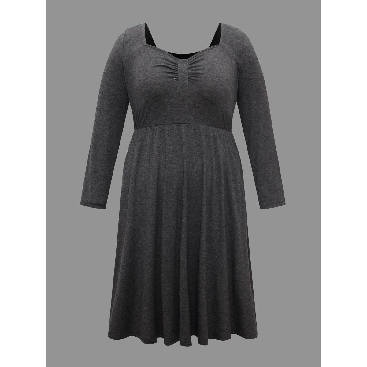 Plus Size Heart Neckline Knit Gathered Midi Dress DimGray Women Casual Gathered Knit Dresses Bloomchic 30/6X Product Image