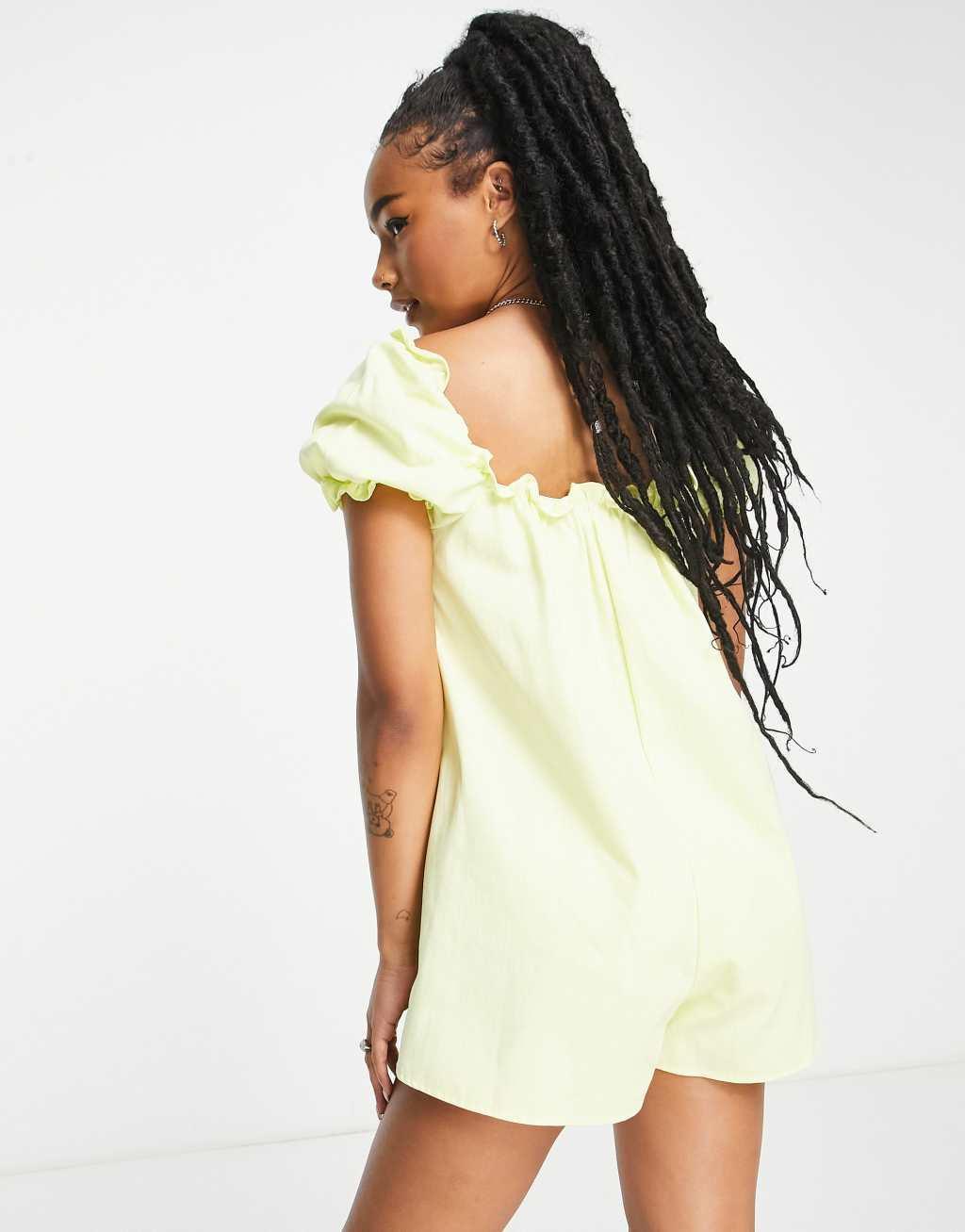 ASOS DESIGN Petite twill puff sleeve smock romper Product Image