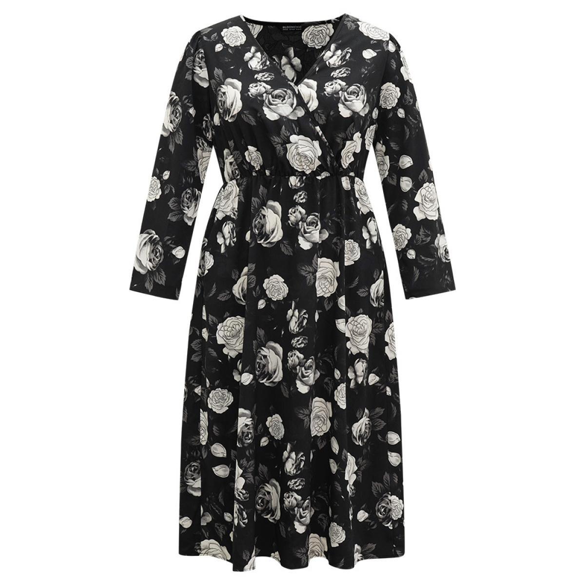 Plus Size Floral Print Pocket Elastic Waist Wrap Dress Black Women At the Office Wrap Overlap Collar Long Sleeve Curvy Midi Dress BloomChic 18-20/2X Product Image