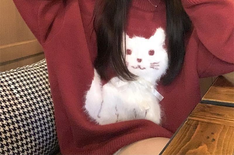 Long-Sleeve Crewneck Cat Sweater Product Image