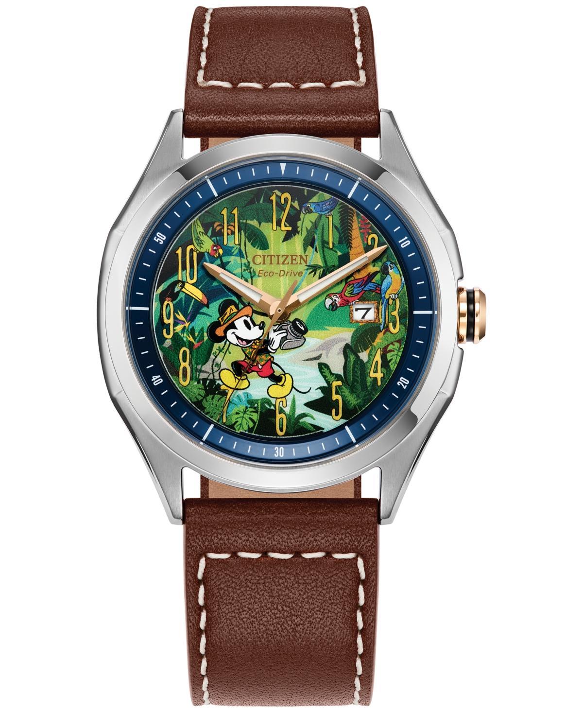 Disneys Mickey Mouse Explorer Citizen Mens Eco-Drive Stainless Steel Brown Leather Strap Watch - AW1149-06W Product Image