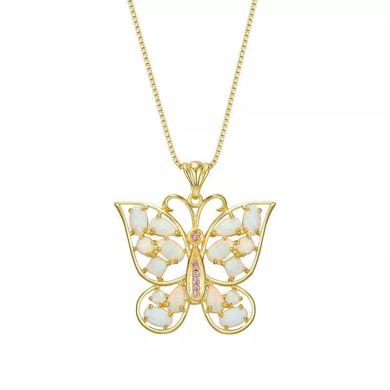 18K Gold Over Silver Created Opal and Created Pink Sapphire Butterfly Pendant, Women's, Size: 18", Gold Tone Product Image