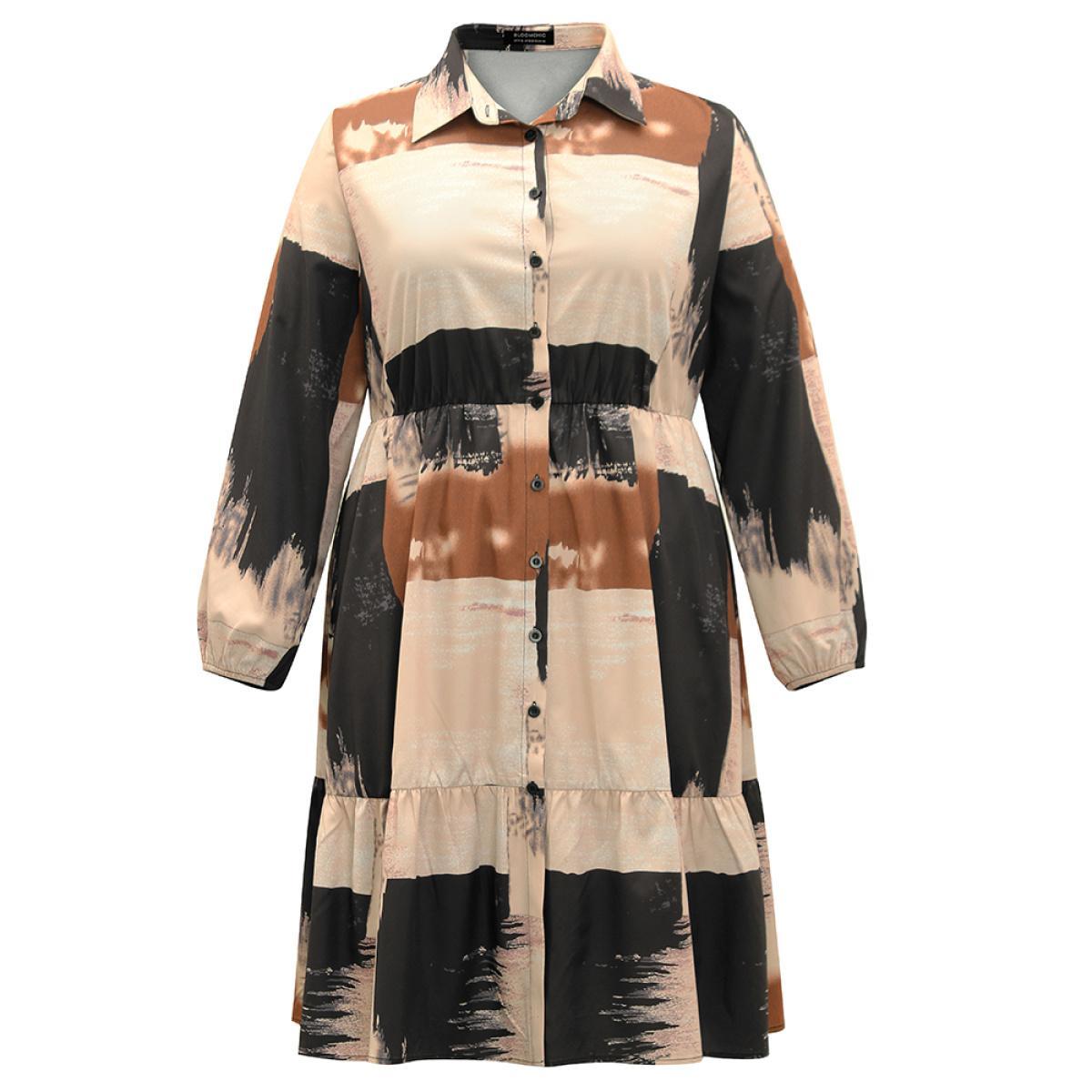 Plus Size Brush Print Contrast Elastic Waist Button Through Dress Multicolor Women Office Elastic cuffs Shirt collar Long Sleeve Curvy Midi Dress BloomChic 12/L Product Image