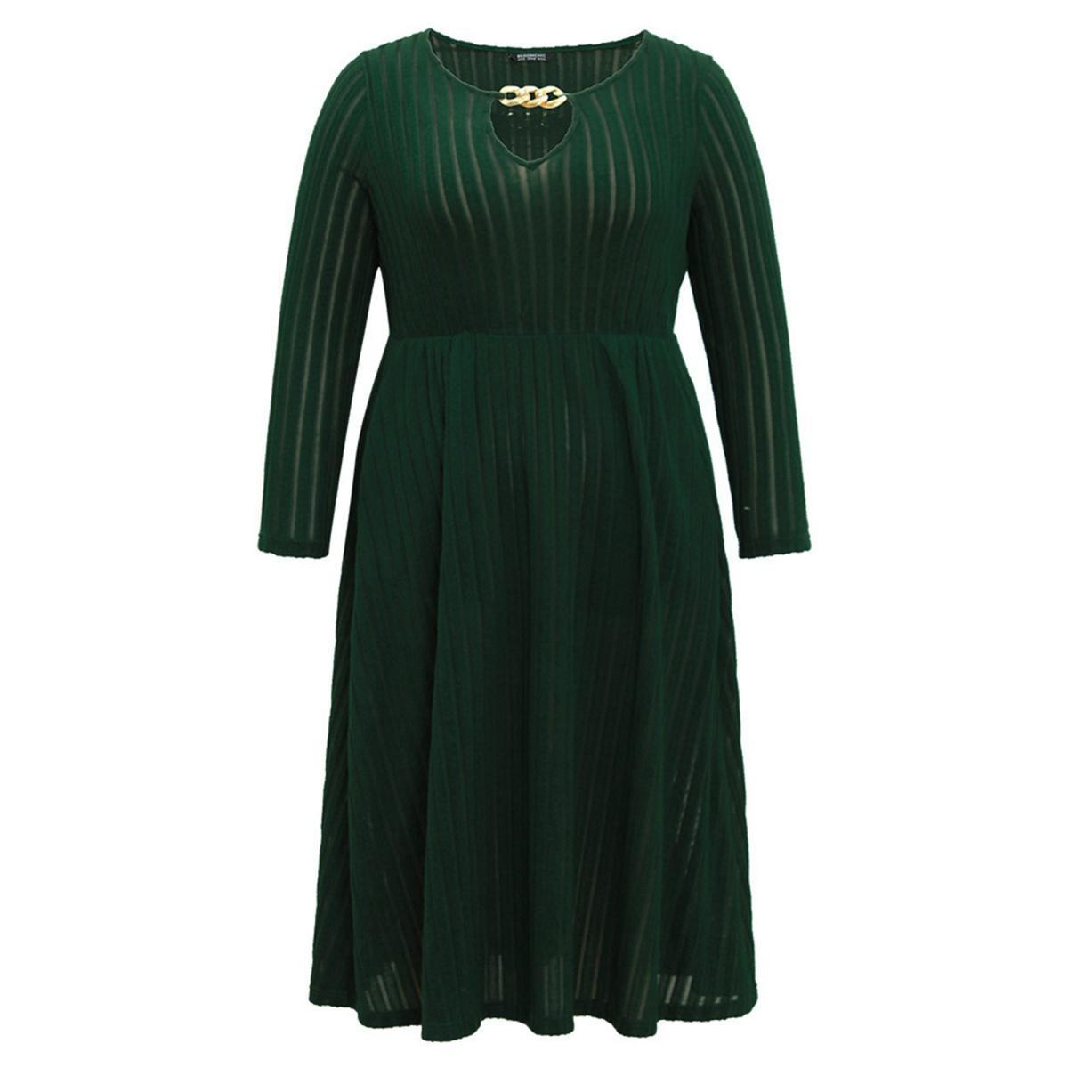 Plus Size Rib Knit Plain Notched Pocket Dress DarkGreen Women Work From Home Rib Knit Notched collar Long Sleeve Curvy Midi Dress BloomChic 10/M Product Image