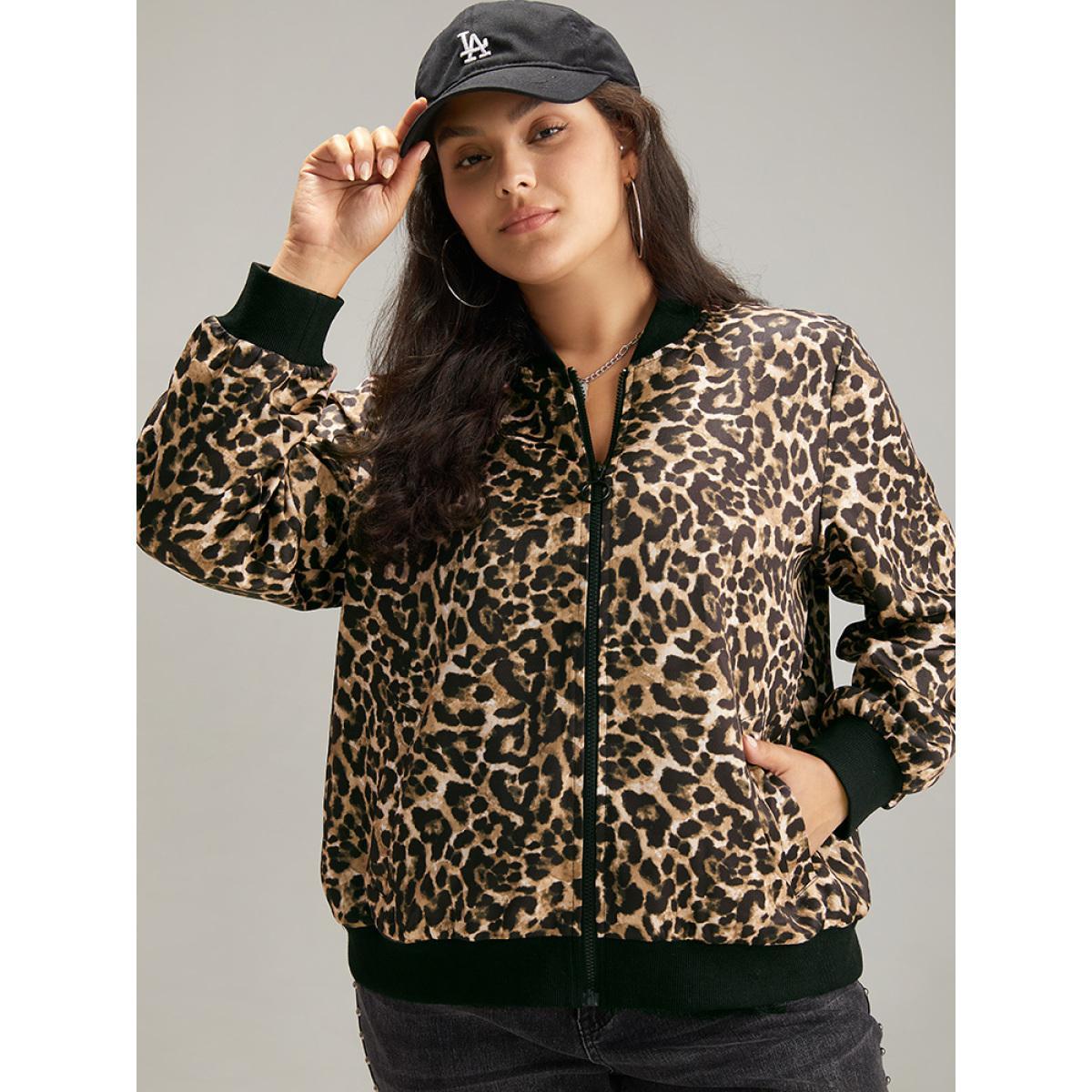 Plus Size Leopard Patchwork Zipper Pocket Jacket Women Leopard Elastic cuffs Pocket Dailywear Jackets BloomChic 30/6X Product Image