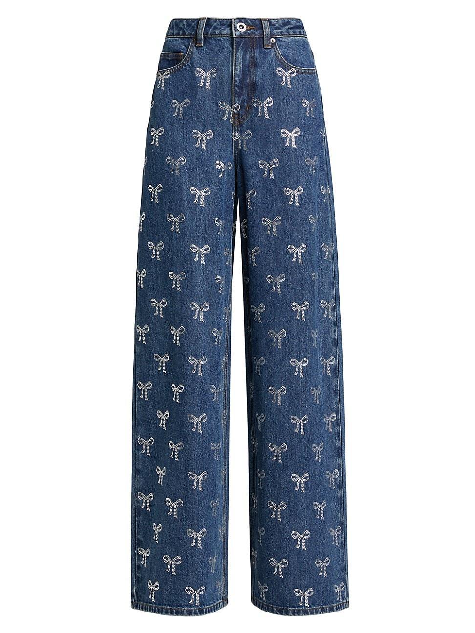 Womens Rhinestone Bow High-Rise Straight-Leg Jeans Product Image