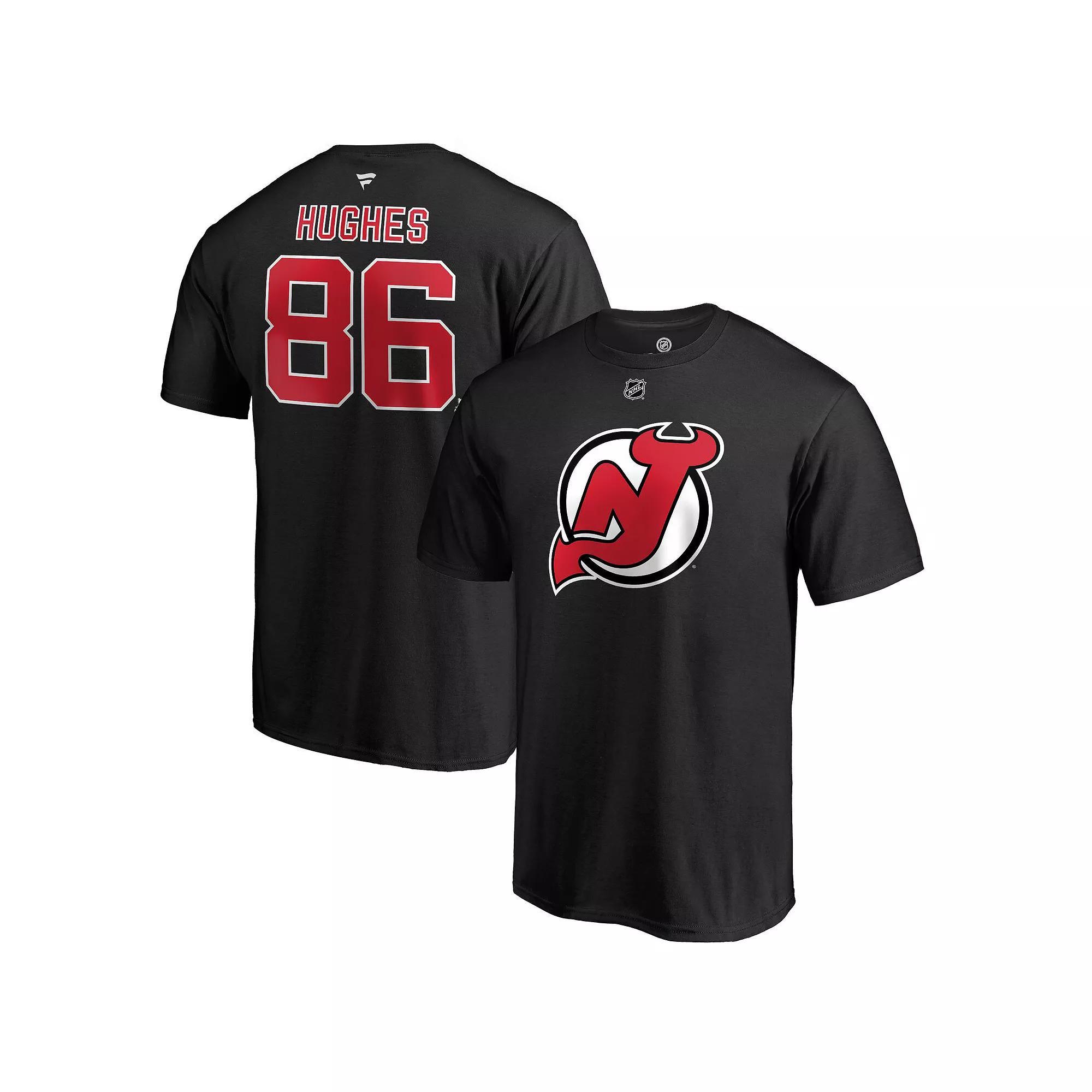 Mens Fanatics Branded Jack Hughes Black New Jersey Devils Authentic Stack Name & Number T-Shirt Product Image