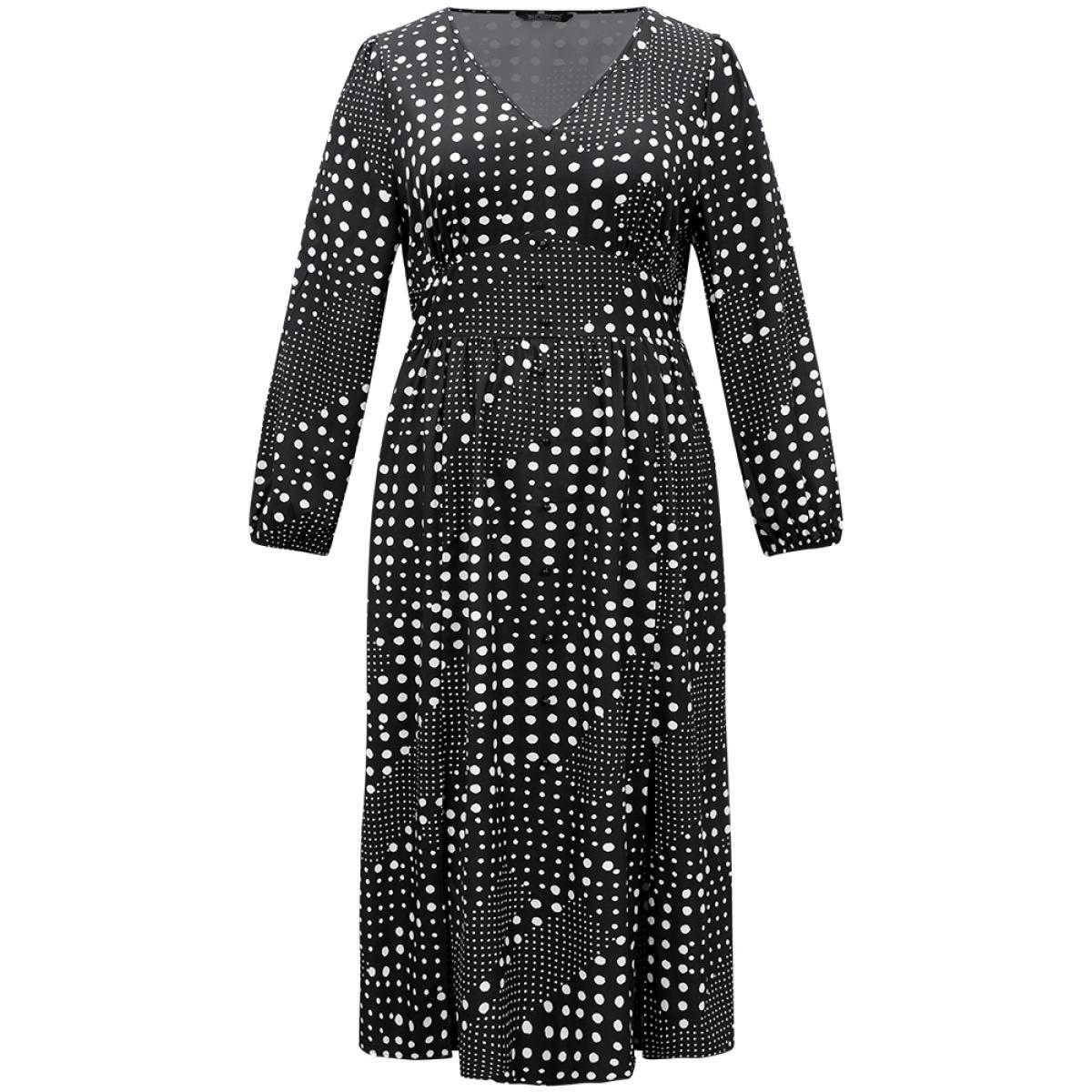 Plus Size Polka Dot Elastic Waist Split Hem Dress Black Women At the Office Pleated V-neck Long Sleeve Curvy Midi Dress BloomChic 22-24/3X Product Image