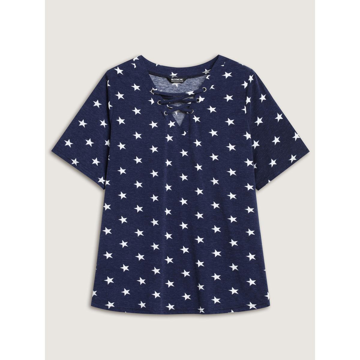 Plus Size Star Print Crisscross Neck Tie T-Shirt Navy Women Eyelet V-neck Everyday-Casual T-shirts BloomChic 28/5X Product Image