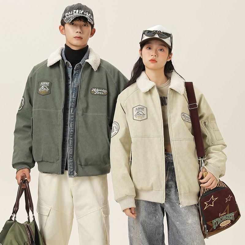 Collared Patched Zip-Up Bomber Jacket Product Image
