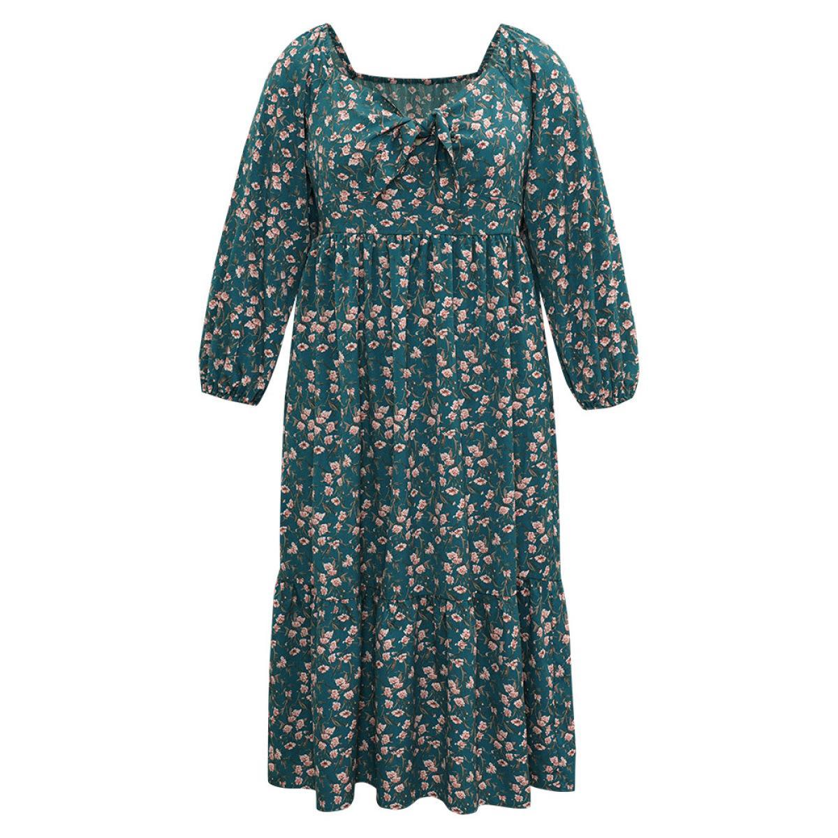 Plus Size Ditsy Floral Square Neck Elastic Waist Ties Dress Teal Women Vacation Elastic cuffs Square Neck Long Sleeve Curvy Midi Dress BloomChic 30/6X Product Image