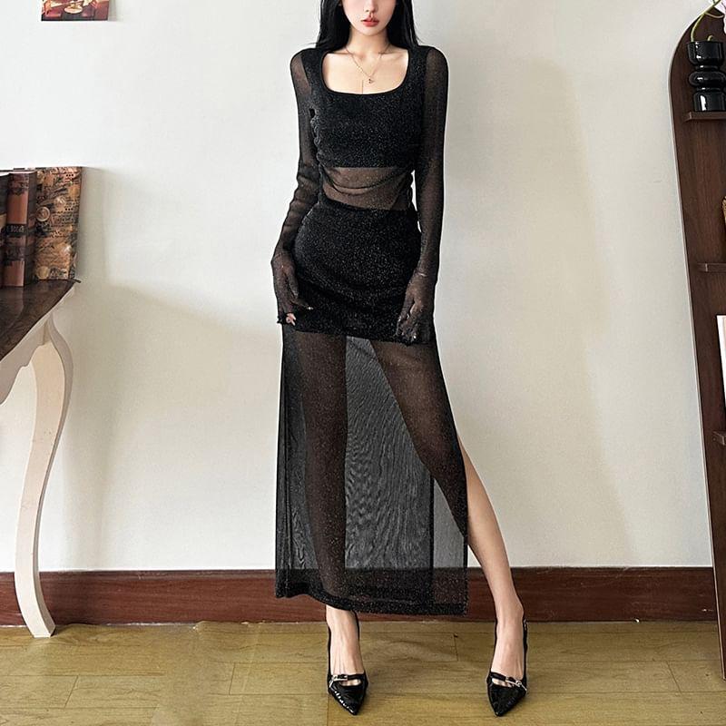 Long Sleeve Square-Neck Glitter Mesh Slim-Fit Top / High Waist Mesh See-Through Midi Skirt Product Image