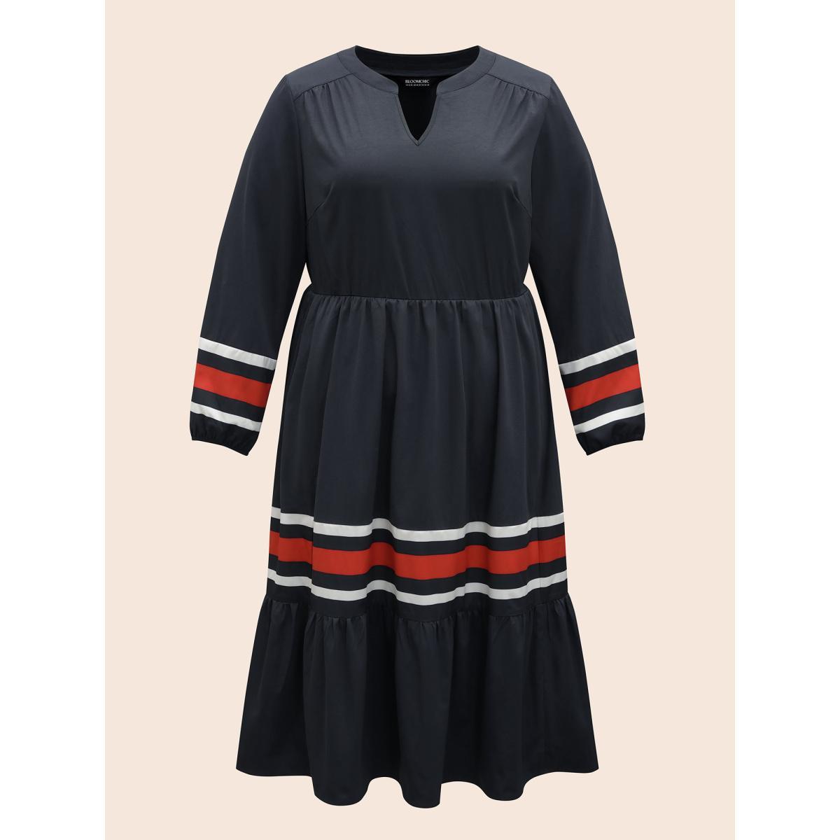 Plus Size Contrast Striped Notched Ruffle Hem Dress Navy Women Casual Contrast Flat collar with V-notch Long Sleeve Curvy BloomChic 30/6X Product Image