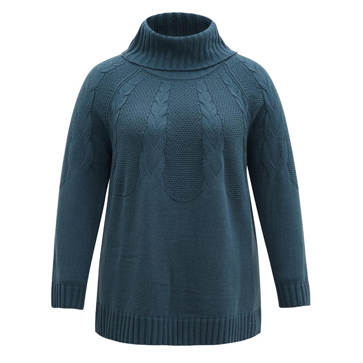 Plus Size Solid Turtle Neck Cable Knit Pullover Cyan Women Casual Loose Long Sleeve Turtleneck Dailywear Pullovers BloomChic 12/L Product Image