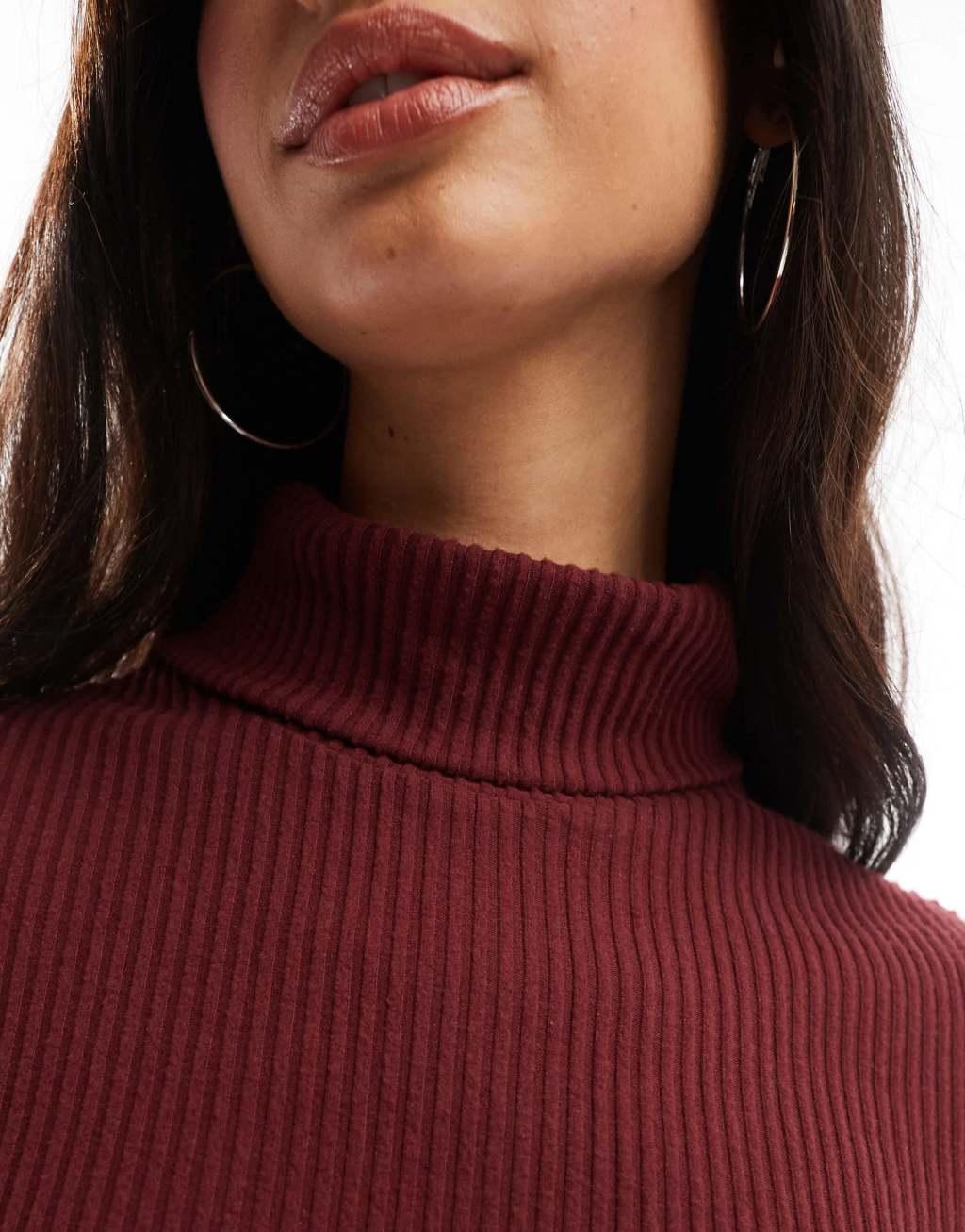 ASOS DESIGN supersoft brushed ribbed turtleneck in burgundy Product Image